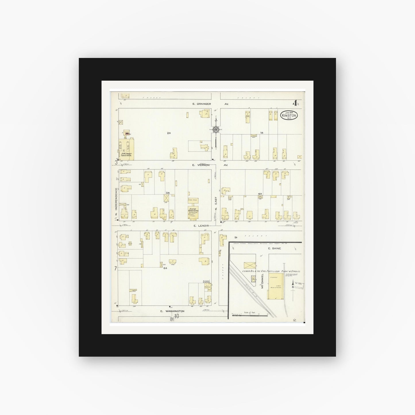 Old map wall art mockup — black gallery frame with white mat — Sanborn Fire Insurance Map from Kinston, Lenoir County, North Carolina (1914), Sheet #0004