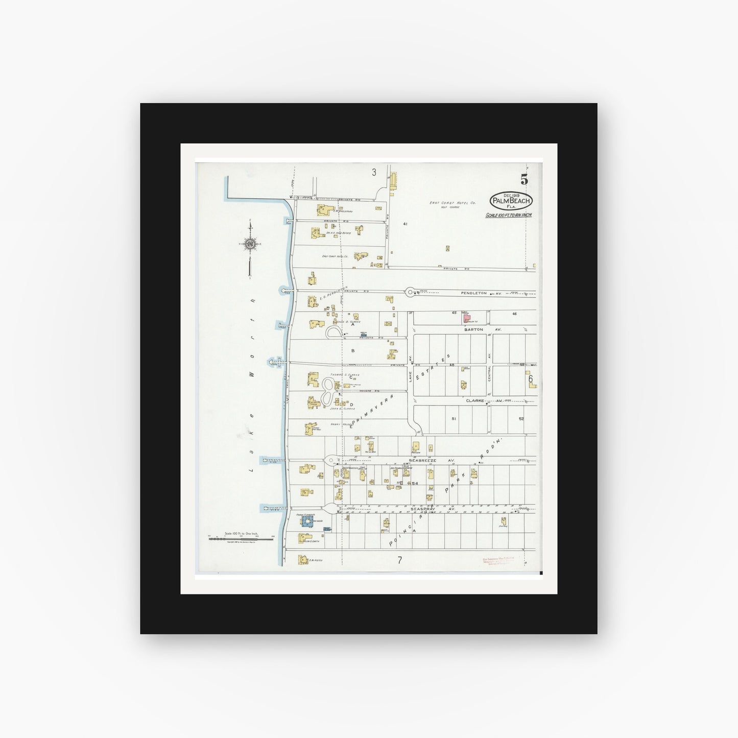 Old map wall art mockup — black gallery frame with white mat — Sanborn Fire Insurance Map from Palm Beach, Palm Beach County, Florida (1919), Sheet #0005