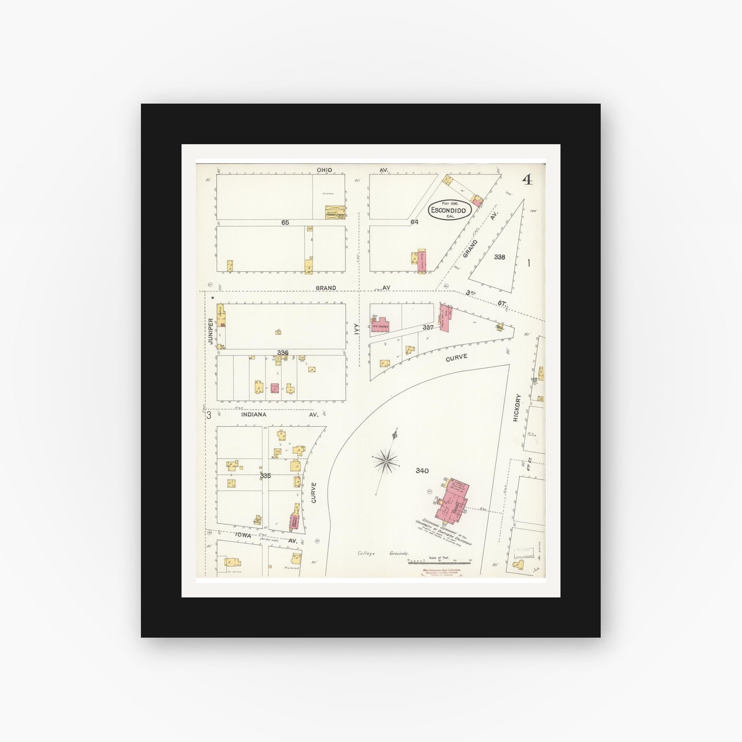 Old map wall art mockup — black gallery frame with white mat — Sanborn Fire Insurance Map from Escondido, San Diego County, California (1896), Sheet #0004