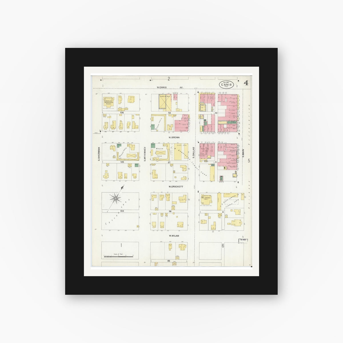 Old map wall art mockup — black gallery frame with white mat — Sanborn Fire Insurance Map from Ennis, Ellis County, Texas (1901), Sheet #0004