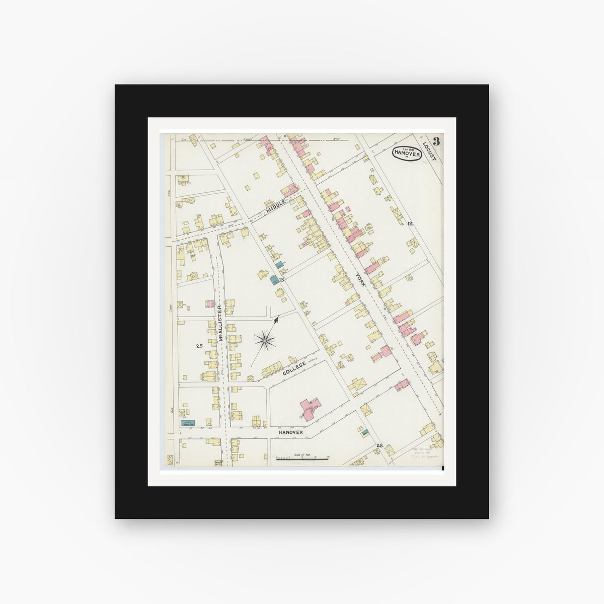 Old map wall art mockup — black gallery frame with white mat — Sanborn Fire Insurance Map from Hanover, York County, Pennsylvania (1891), Sheet #0003