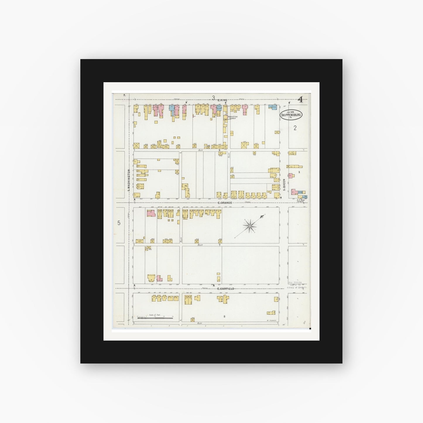 Old map wall art mockup — black gallery frame with white mat — Sanborn Fire Insurance Map from Shippensburg, Cumberland And Franklin Counties, Pennsylvania (1899), Sheet #0004