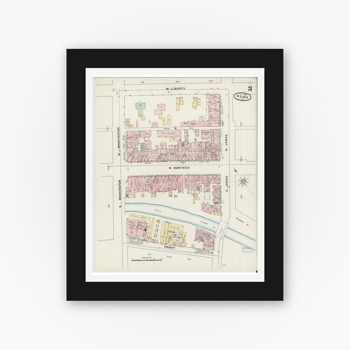 Old map wall art mockup — black gallery frame with white mat — Sanborn Fire Insurance Map from Rome, Oneida County, New York (1888), Sheet #0003