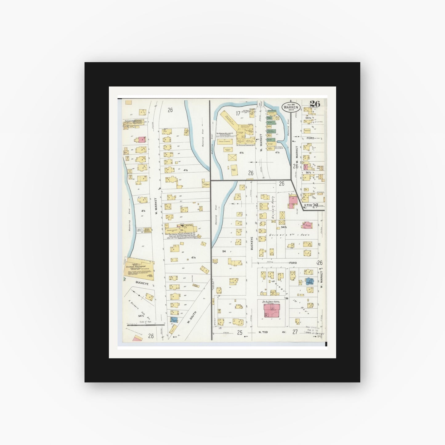 Old map wall art mockup — black gallery frame with white mat — Sanborn Fire Insurance Map from Warren, Trumbull County, Ohio (1908), Sheet #0026