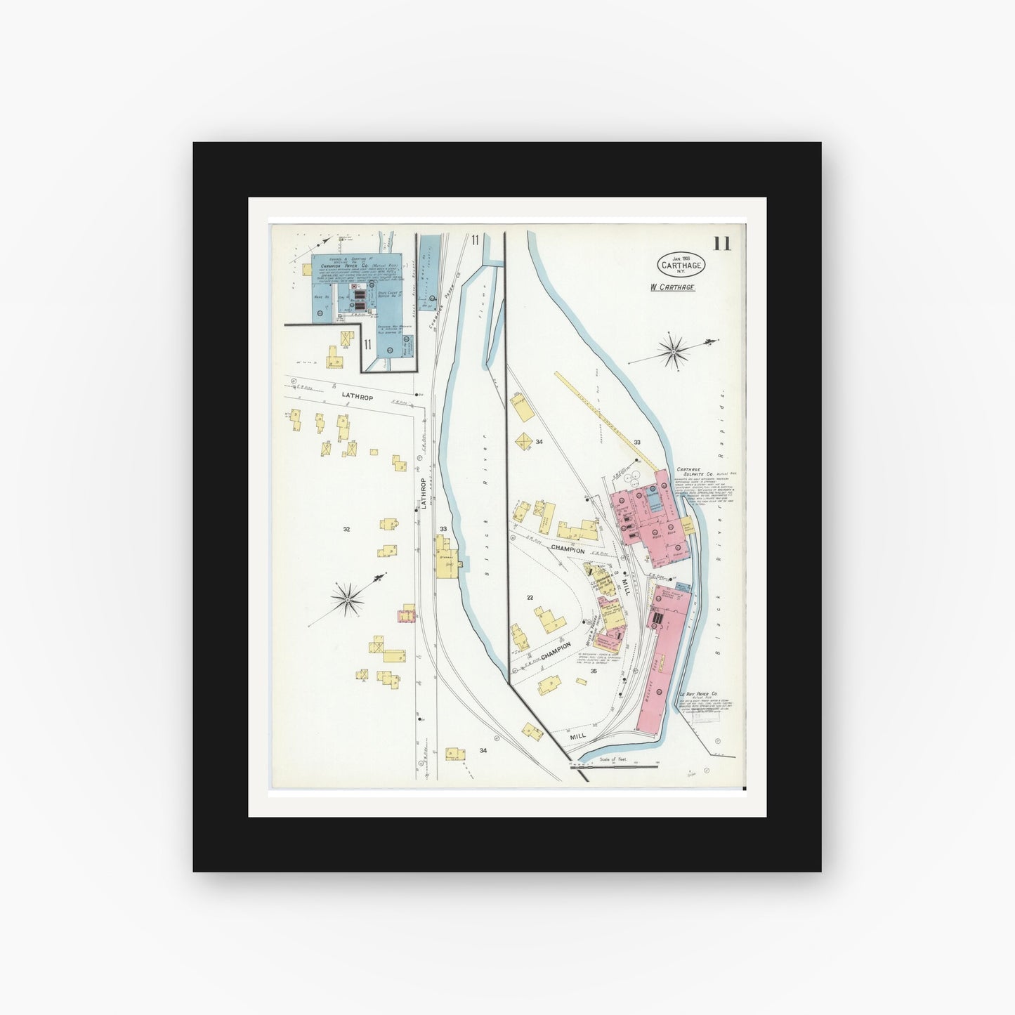 Old map wall art mockup — black gallery frame with white mat — Sanborn Fire Insurance Map from Carthage, Jefferson County, New York (1908), Sheet #0011