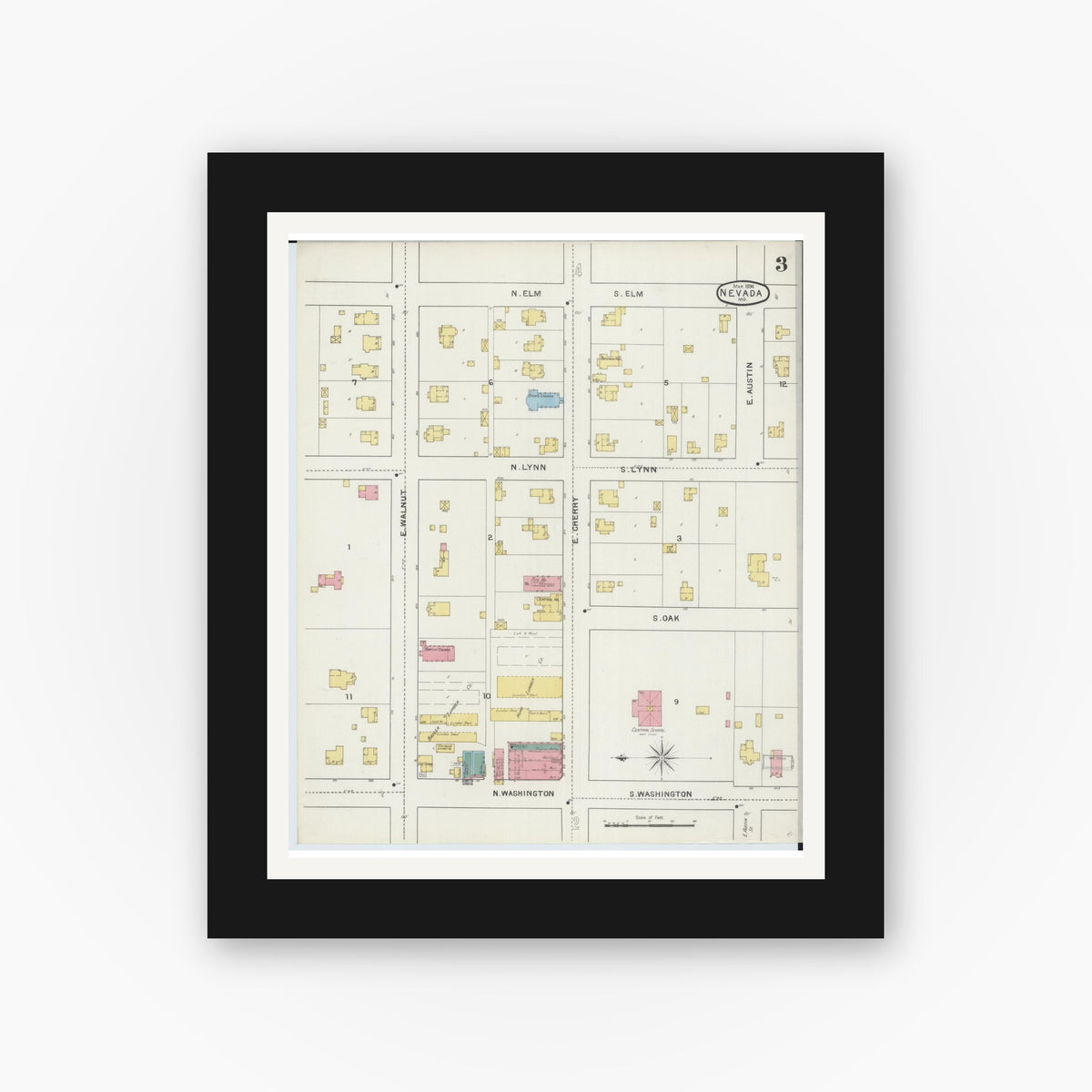 Old map wall art mockup — black gallery frame with white mat — Sanborn Fire Insurance Map from Nevada, Vernon County, Missouri (1894), Sheet #0003