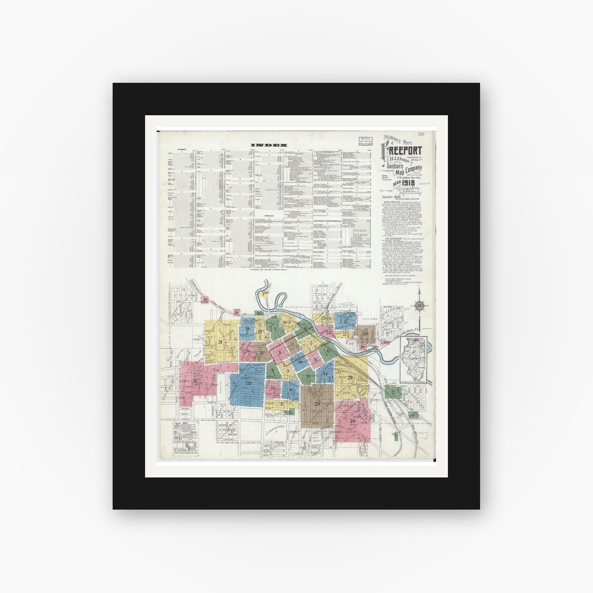 Old map wall art mockup — black gallery frame with white mat — Sanborn Fire Insurance Map from Freeport, Stephenson County, Illinois (1918), Sheet #0001