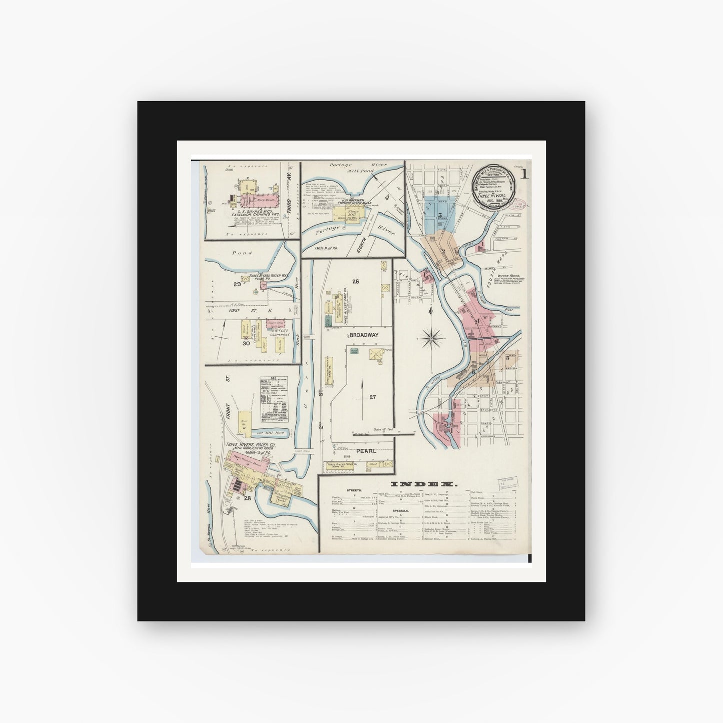 Old map wall art mockup — black gallery frame with white mat — Sanborn Fire Insurance Map from Three Rivers, Saint Joseph County, Michigan (1888) - Complete Map Set