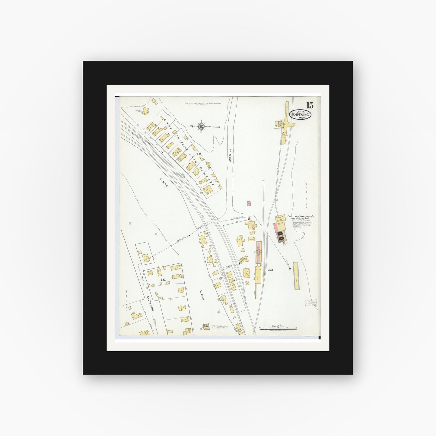 Old map wall art mockup — black gallery frame with white mat — Sanborn Fire Insurance Map from Ishpeming, Marquette County, Michigan (1917), Sheet #0015