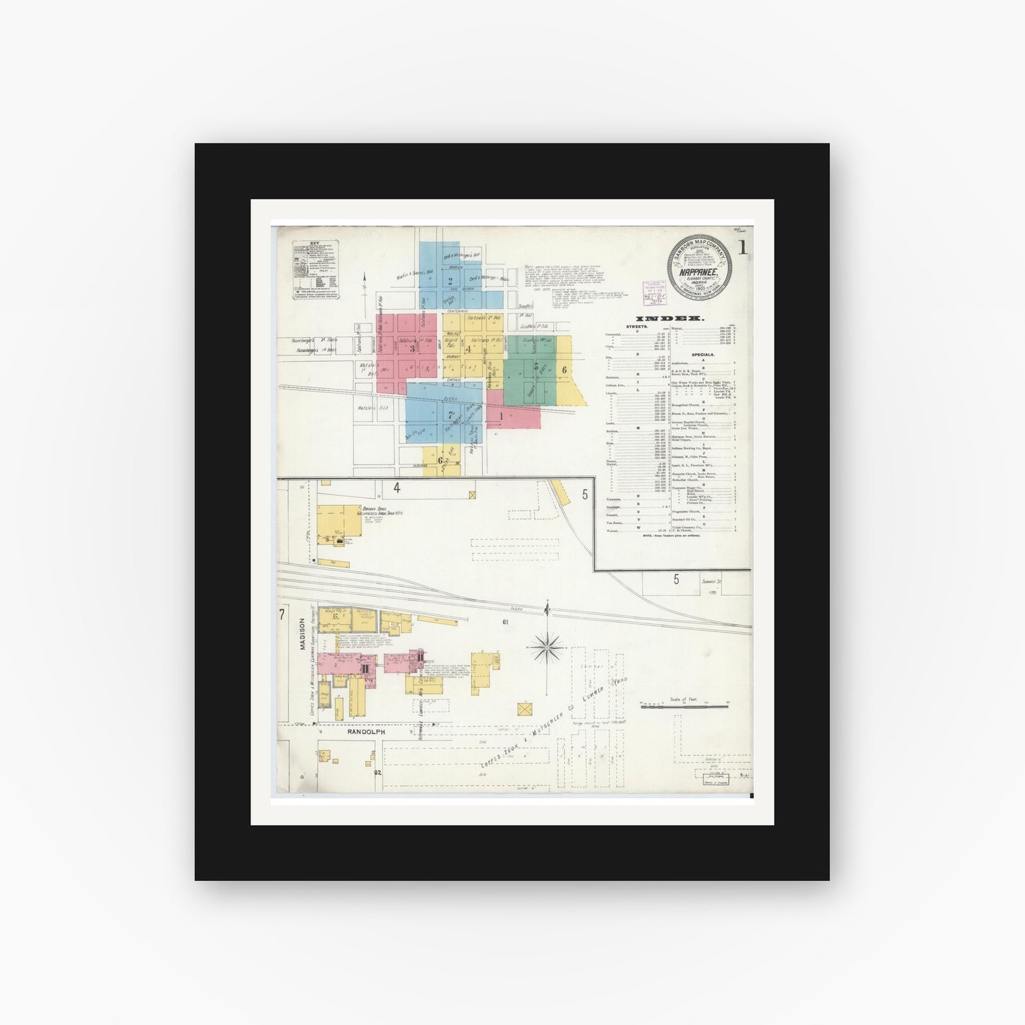 Old map wall art mockup — black gallery frame with white mat — Sanborn Fire Insurance Map from Nappanee, Elkhart County, Indiana (1905) - Complete Map Set