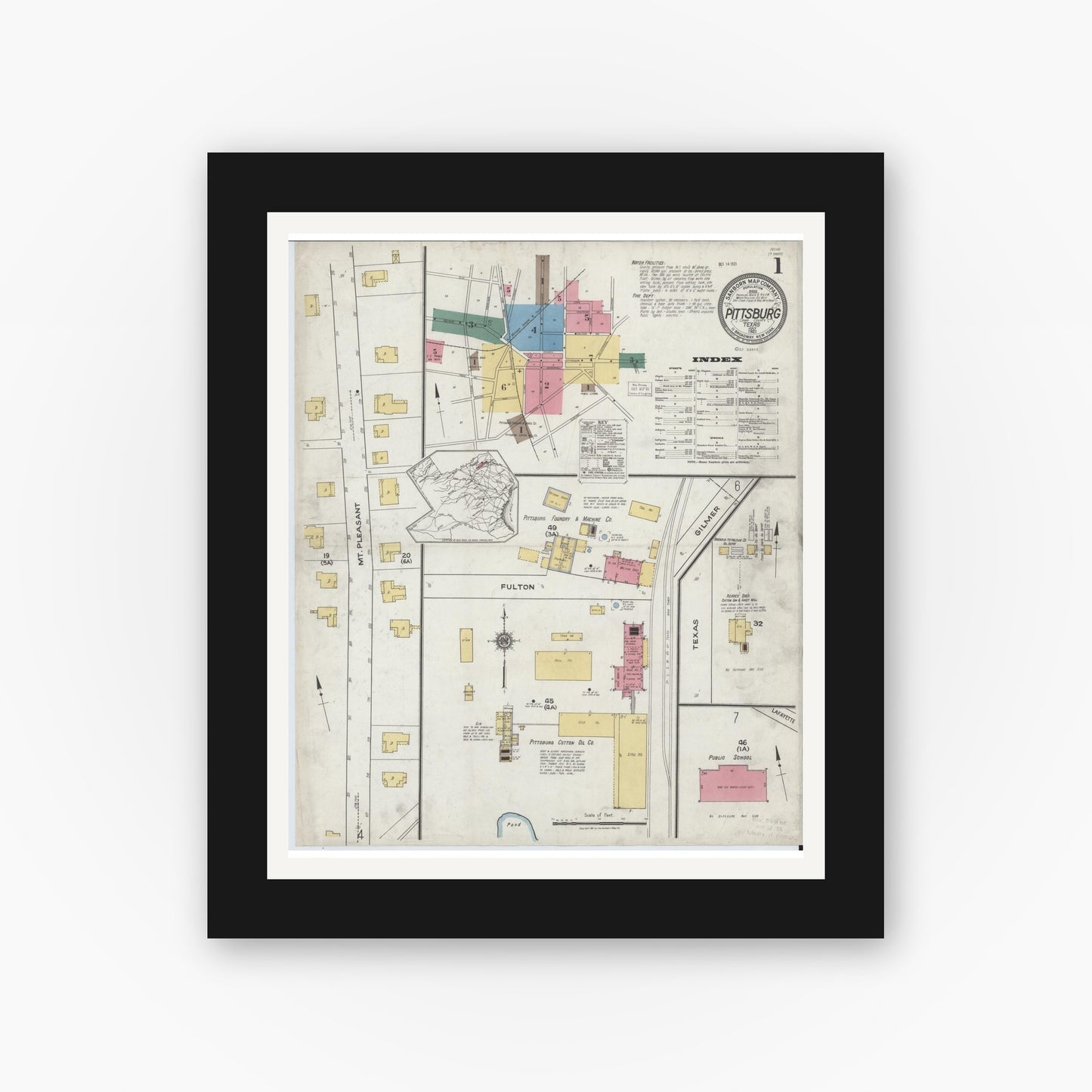 Old map wall art mockup — black gallery frame with white mat — Sanborn Fire Insurance Map from Pittsburg, Camp County, Texas (1921) - Complete Map Set