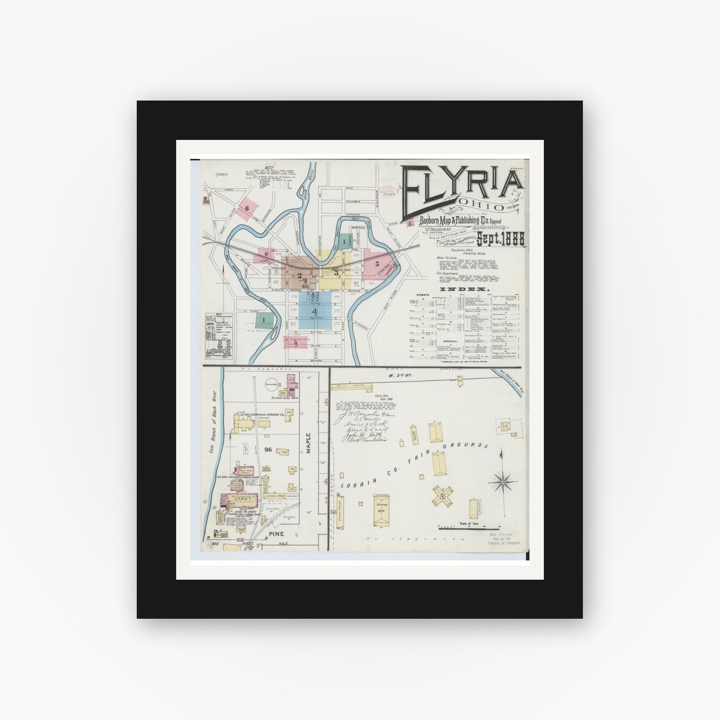 Old map wall art mockup — black gallery frame with white mat — Sanborn Fire Insurance Map from Elyria, Lorain County, Ohio (1888), Sheet #0001