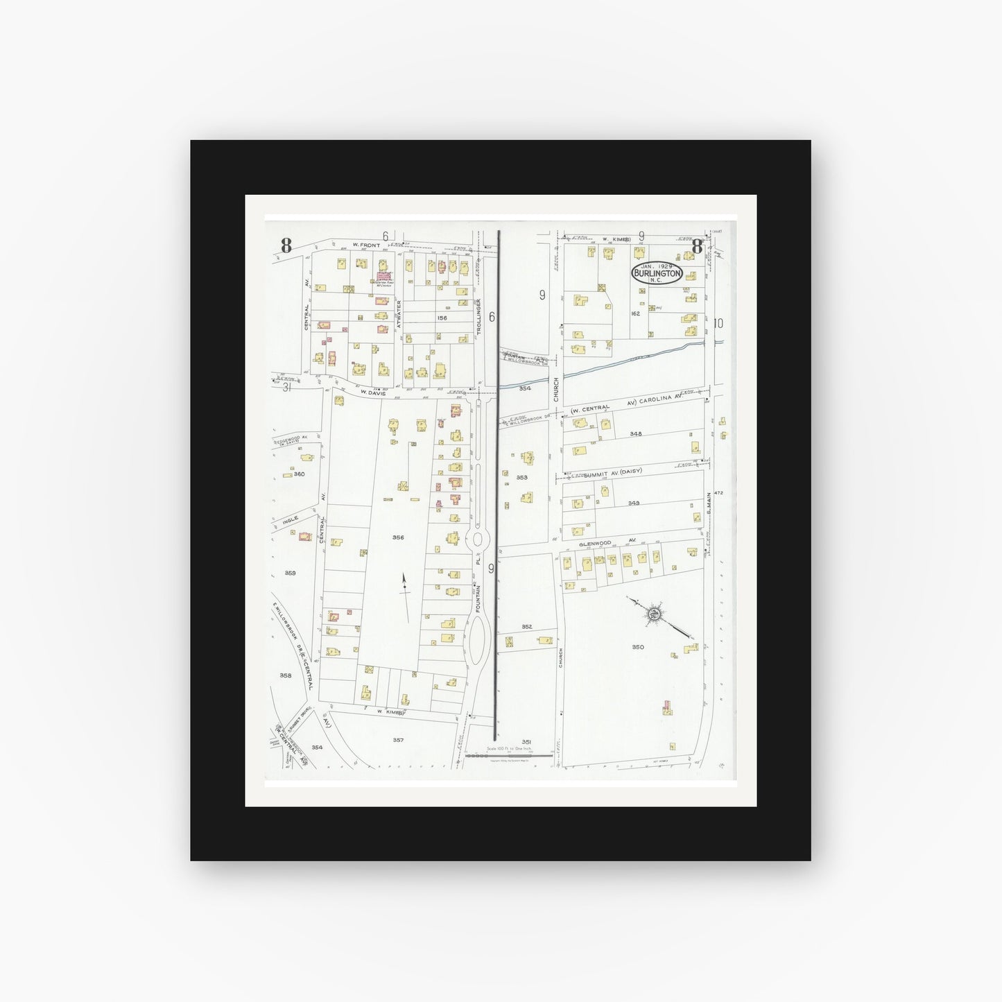 Old map wall art mockup — black gallery frame with white mat — Sanborn Fire Insurance Map from Burlington, Alamance County, North Carolina (1929), Sheet #0008