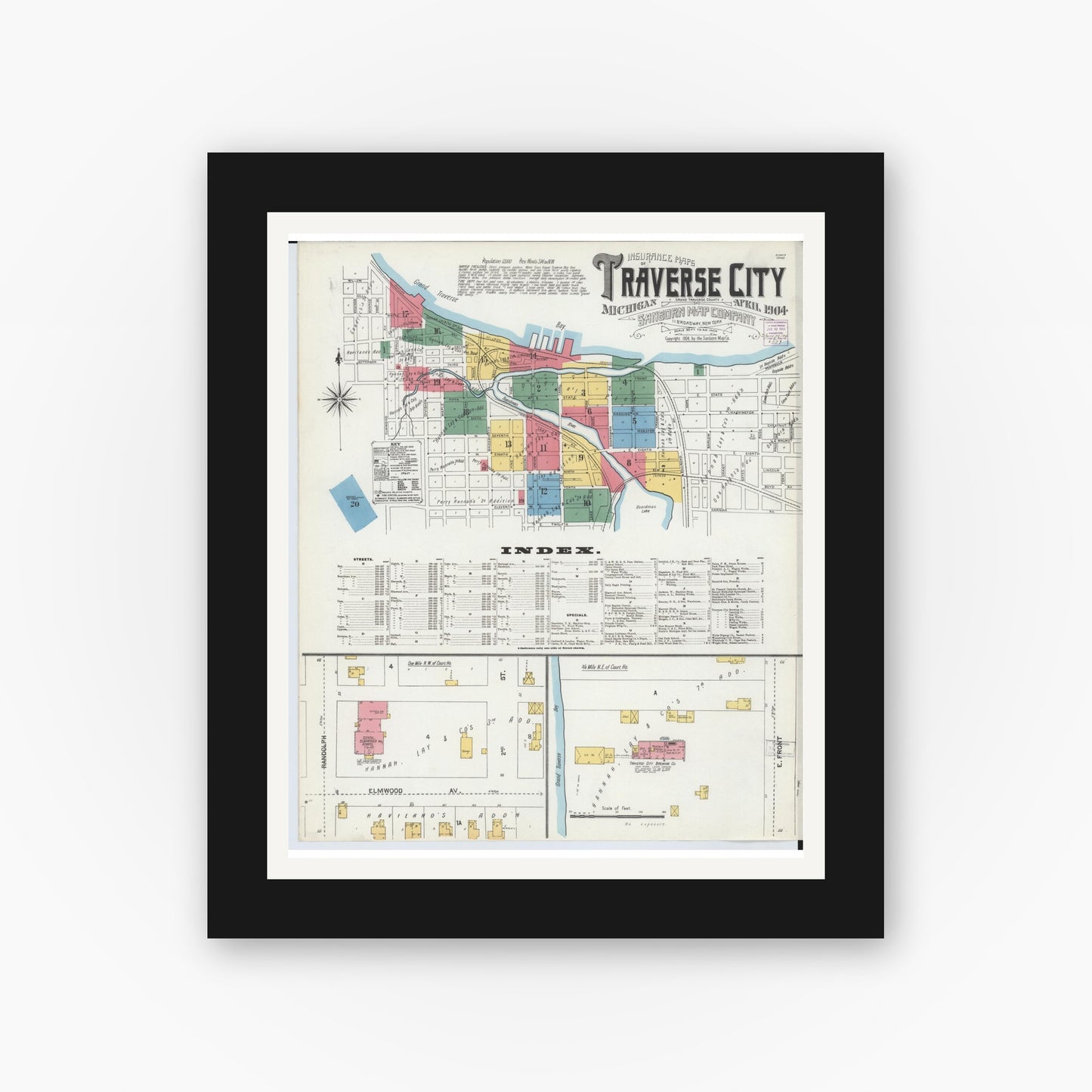 Old map wall art mockup — black gallery frame with white mat — Sanborn Fire Insurance Map from Traverse City, Grand Traverse County, Michigan (1904) - Complete Map Set