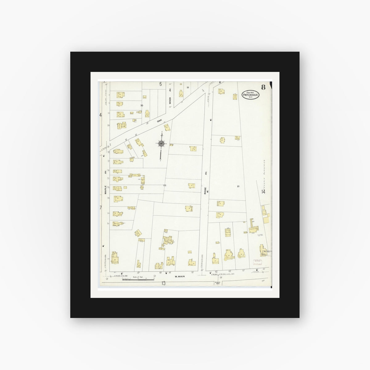 Old map wall art mockup — black gallery frame with white mat — Sanborn Fire Insurance Map from Patchogue, Suffolk County, New York (1910), Sheet #0008