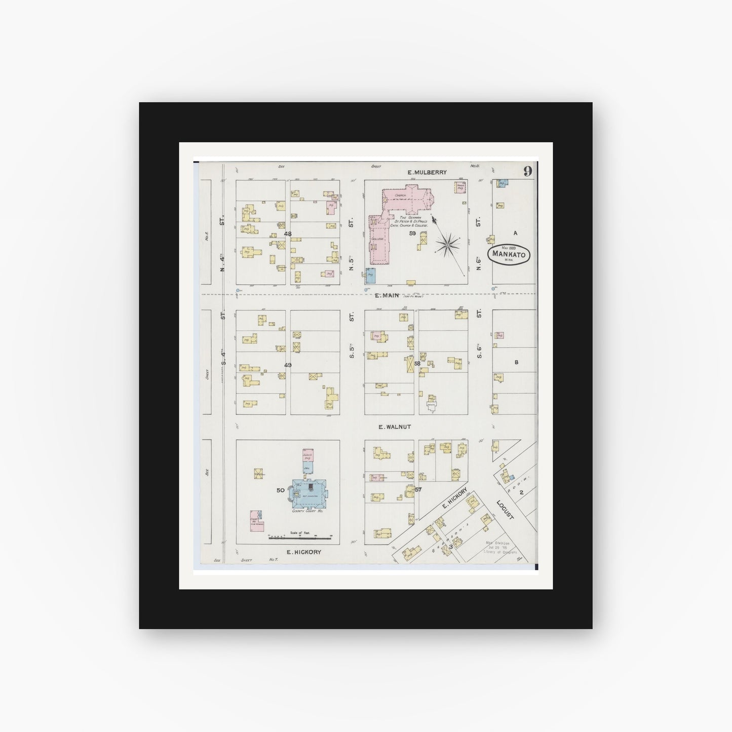 Old map wall art mockup — black gallery frame with white mat — Sanborn Fire Insurance Map from Mankato, Blue Earth County, Minnesota (1889), Sheet #0009