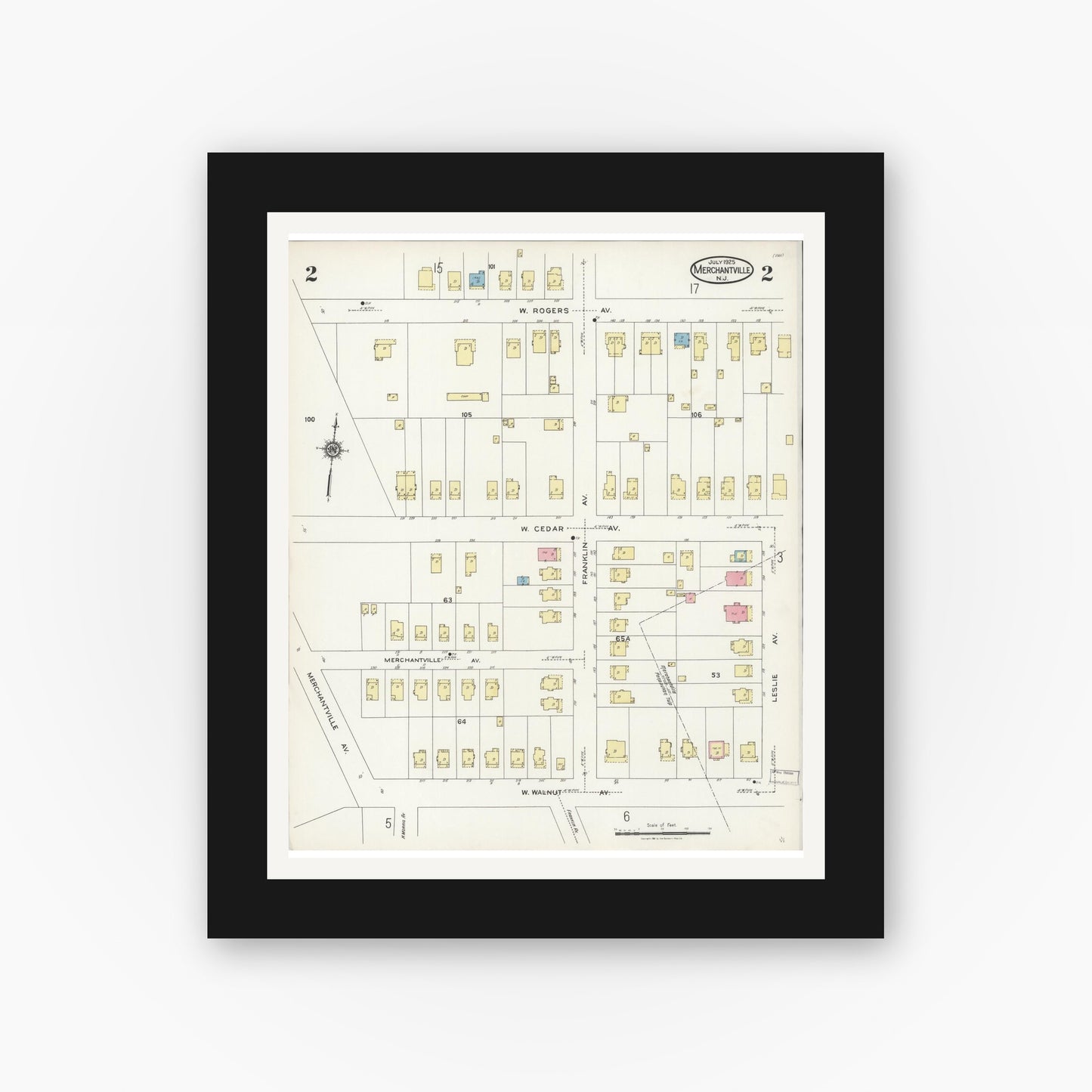 Old map wall art mockup — black gallery frame with white mat — Sanborn Fire Insurance Map from Merchantville, Camden County, New Jersey (1925), Sheet #0002
