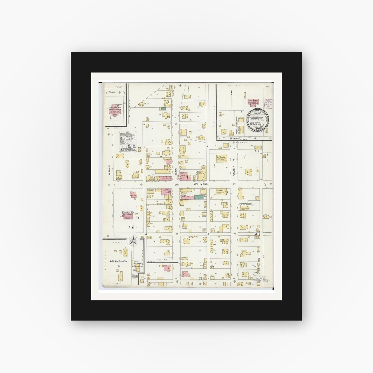 Old map wall art mockup — black gallery frame with white mat — Sanborn Fire Insurance Map from Thornville, Perry County, Ohio (1901), Sheet #0001