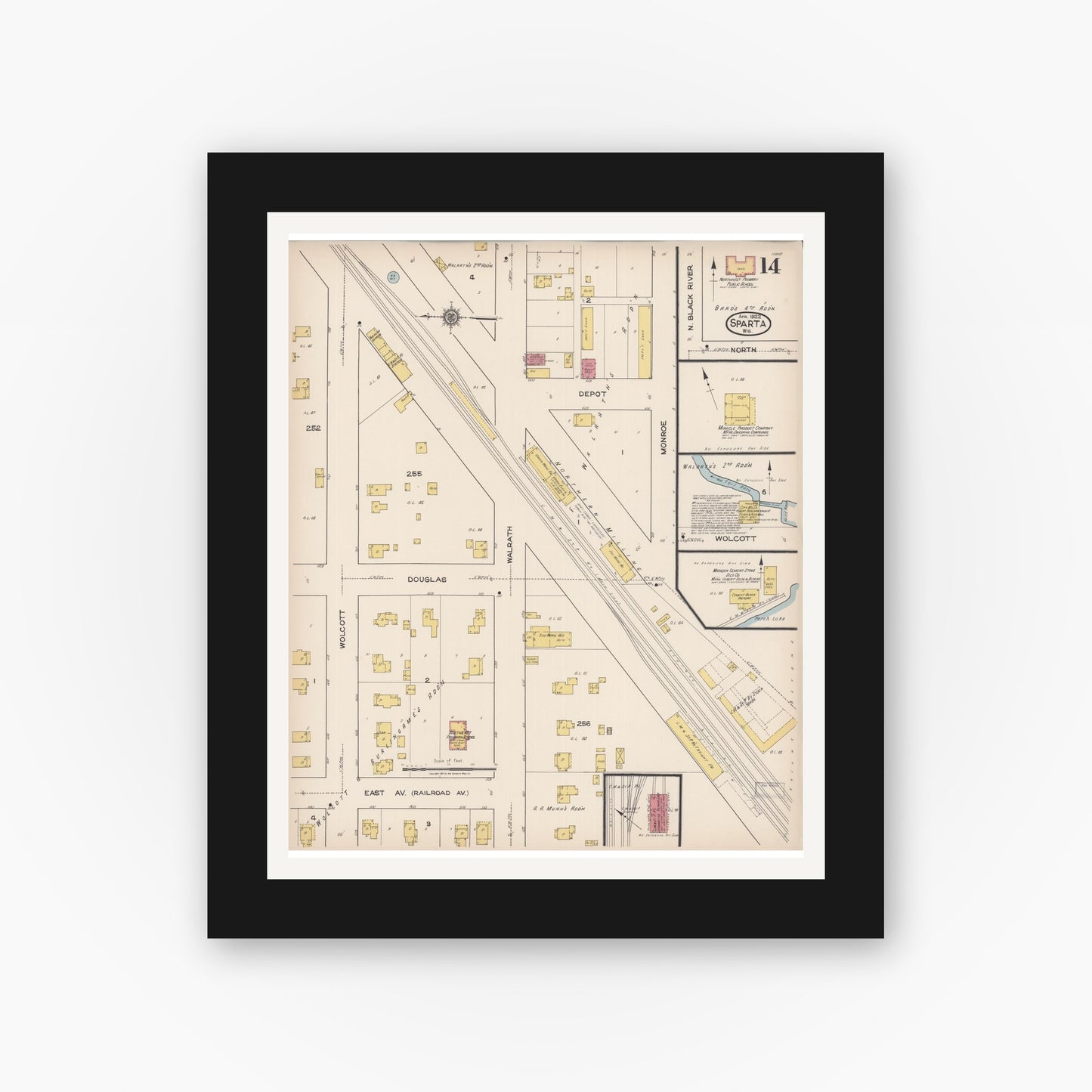 Old map wall art mockup — black gallery frame with white mat — Sanborn Fire Insurance Map from Sparta, Monroe County, Wisconsin (1922), Sheet #0014