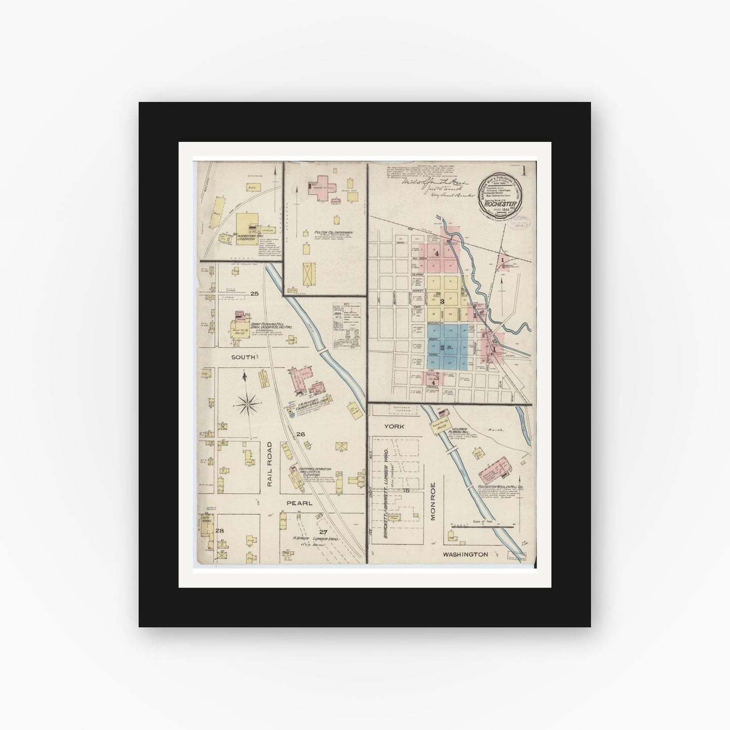 Old map wall art mockup — black gallery frame with white mat — Sanborn Fire Insurance Map from Rochester, Fulton County, Indiana (1885) - Complete Map Set