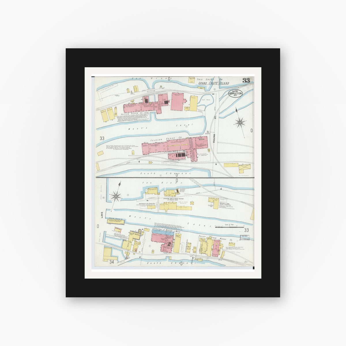 Old map wall art mockup — black gallery frame with white mat — Sanborn Fire Insurance Map from Appleton, Outagamie County, Wisconsin (1901), Sheet #0033