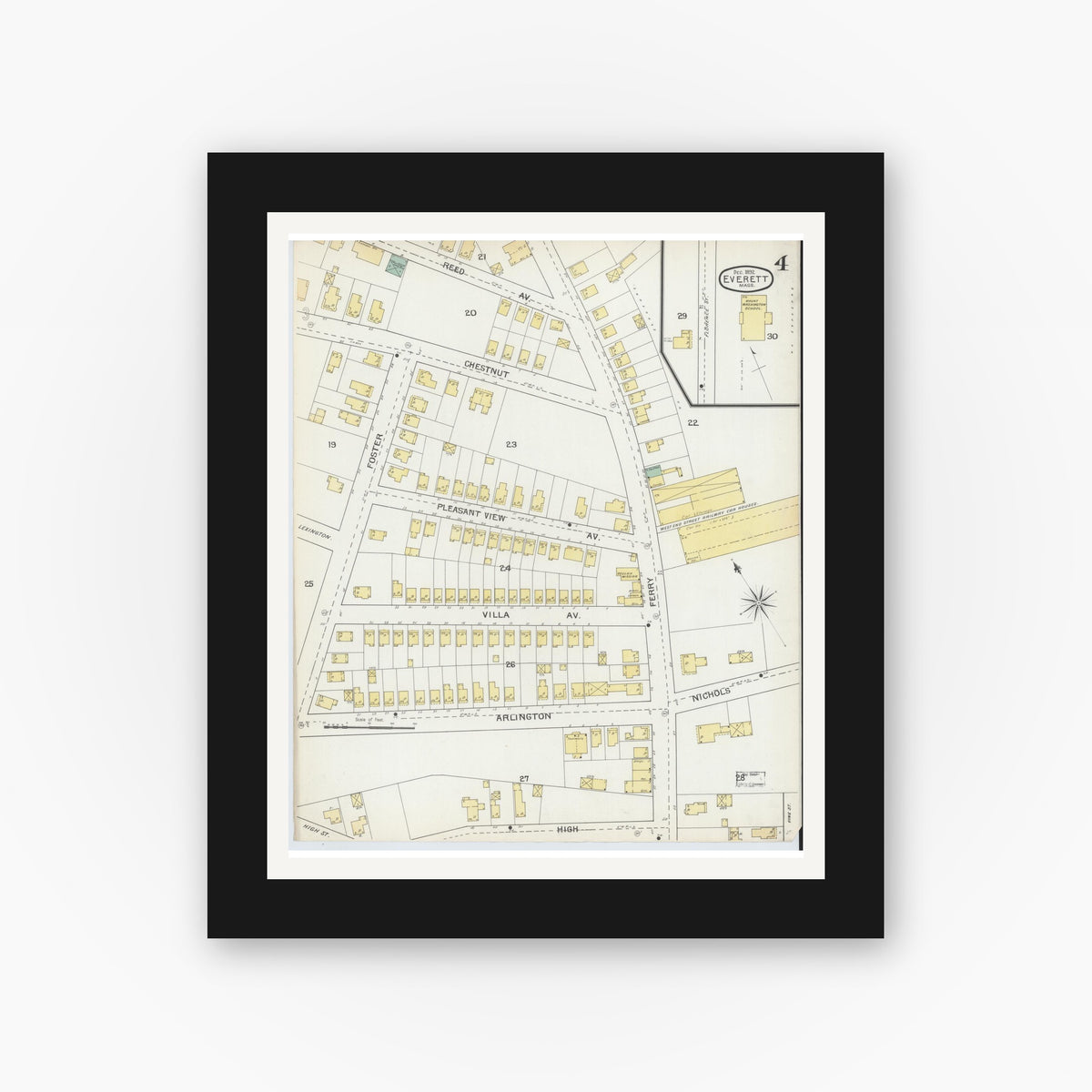 Old map wall art mockup — black gallery frame with white mat — Sanborn Fire Insurance Map from Everett, Middlesex County, Massachusetts (1892), Sheet #0004