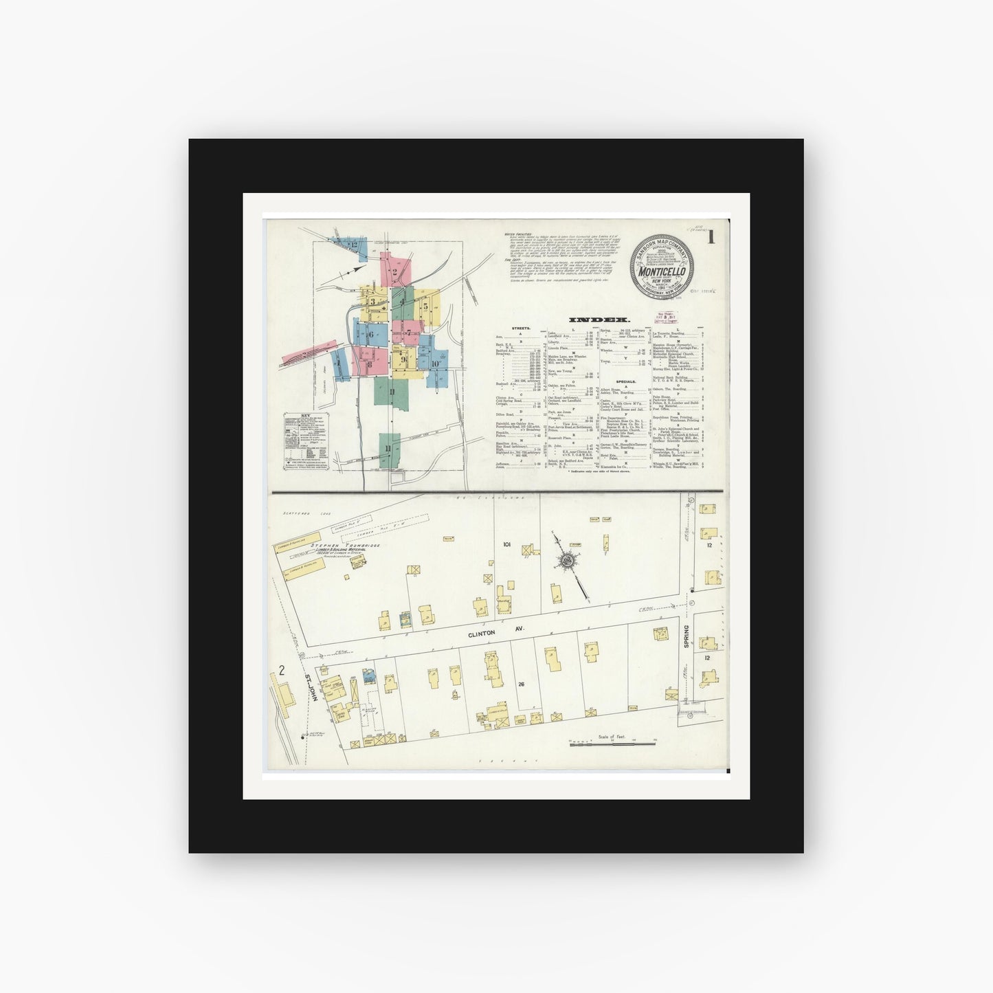 Old map wall art mockup — black gallery frame with white mat — Sanborn Fire Insurance Map from Monticello, Sullivan County, New York (1911), Sheet #0001