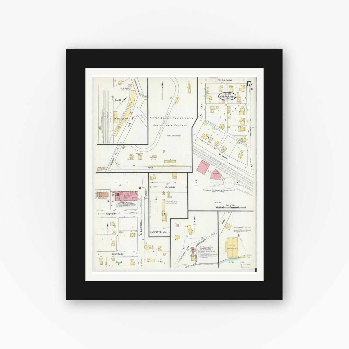 Old map wall art mockup — black gallery frame with white mat — Sanborn Fire Insurance Map from Valparaiso, Porter County, Indiana (1910), Sheet #0017