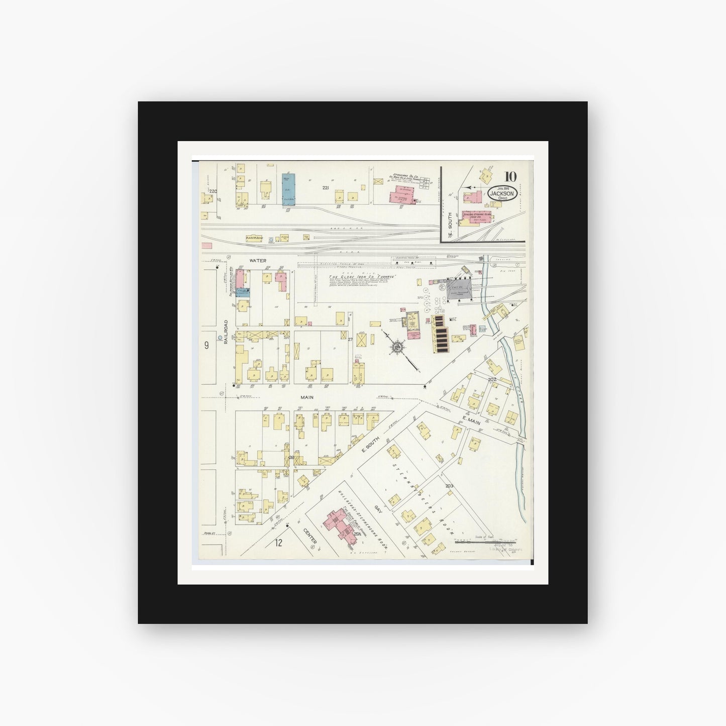 Old map wall art mockup — black gallery frame with white mat — Sanborn Fire Insurance Map from Jackson, Jackson County, Ohio (1914), Sheet #0010