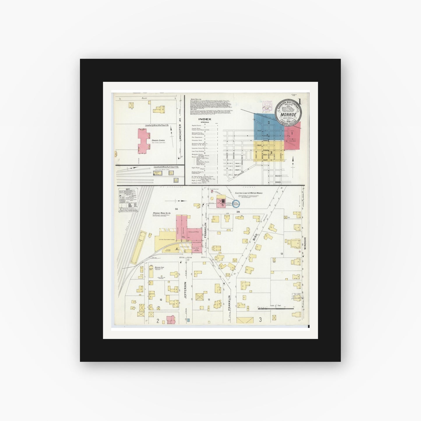 Old map wall art mockup — black gallery frame with white mat — Sanborn Fire Insurance Map from Monroe, Union County, North Carolina (1908) - Complete Map Set