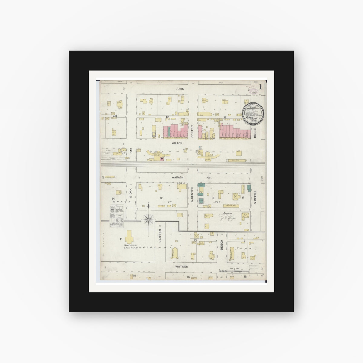 Old map wall art mockup — black gallery frame with white mat — Sanborn Fire Insurance Map from Forrest, Livingston County, Illinois (1893) - Complete Map Set