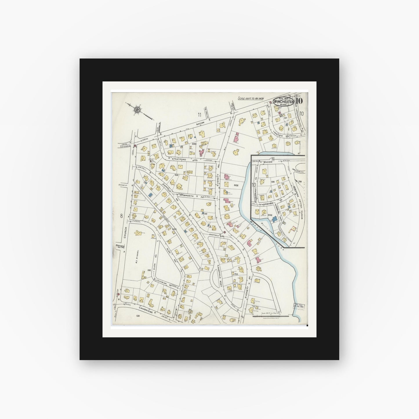 Old map wall art mockup — black gallery frame with white mat — Sanborn Fire Insurance Map from Winchester, Middlesex County, Massachusetts (1921), Sheet #0010