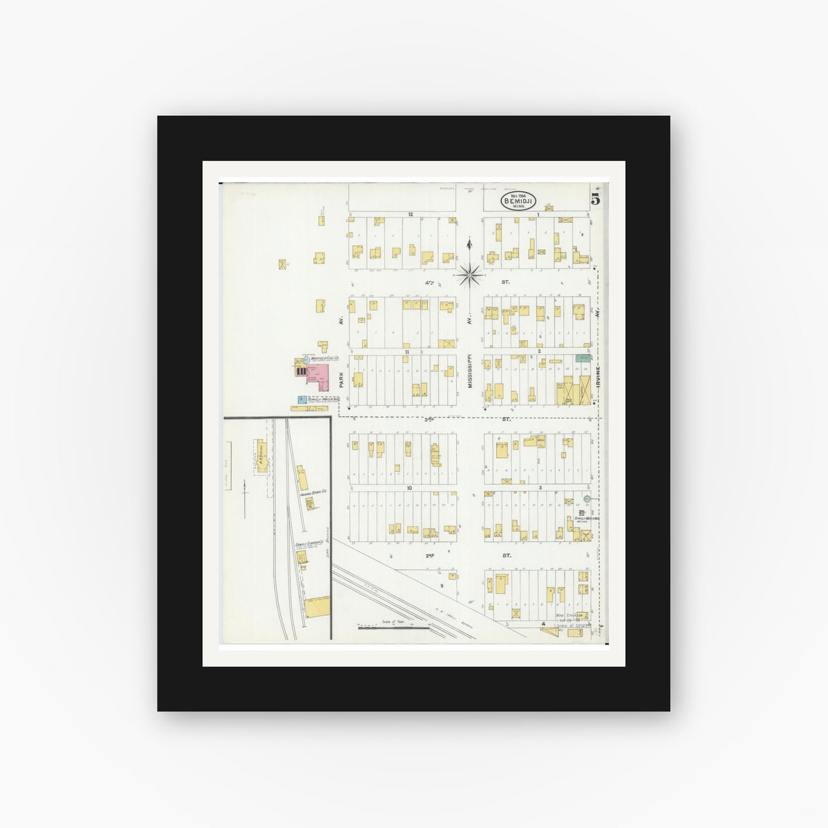 Old map wall art mockup — black gallery frame with white mat — Sanborn Fire Insurance Map from Bemidji, Beltrami County, Minnesota (1904), Sheet #0005