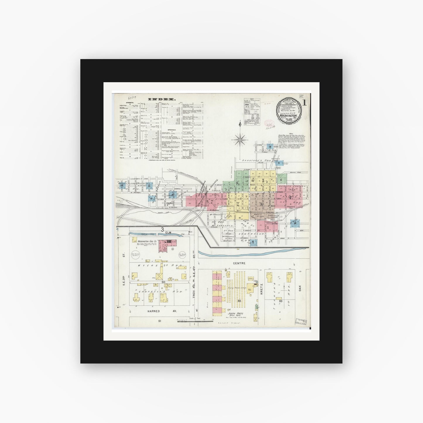 Old map wall art mockup — black gallery frame with white mat — Sanborn Fire Insurance Map from Washington, Daviess County, Indiana (1896), Sheet #0001