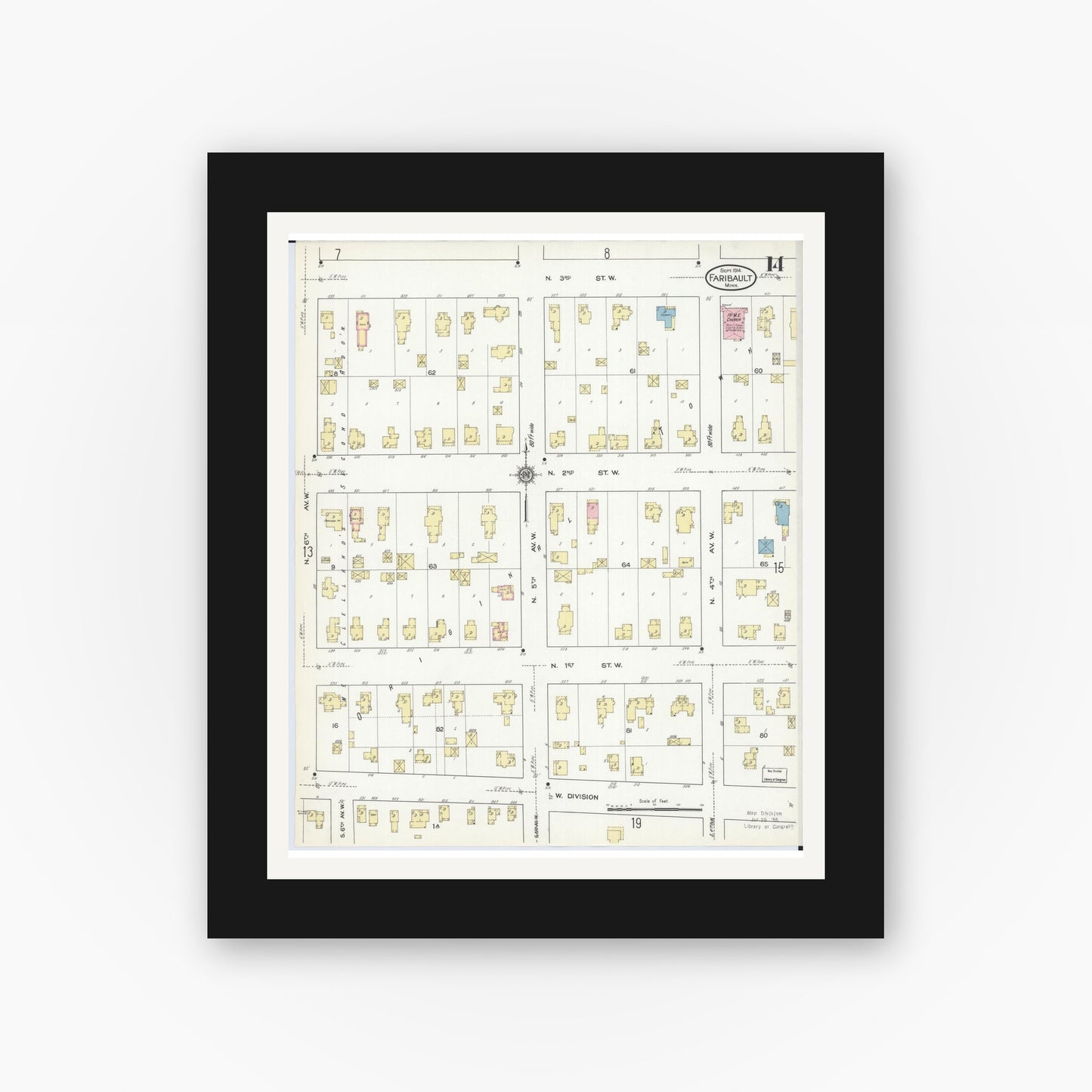 Old map wall art mockup — black gallery frame with white mat — Sanborn Fire Insurance Map from Faribault, Rice County, Minnesota (1914), Sheet #0014
