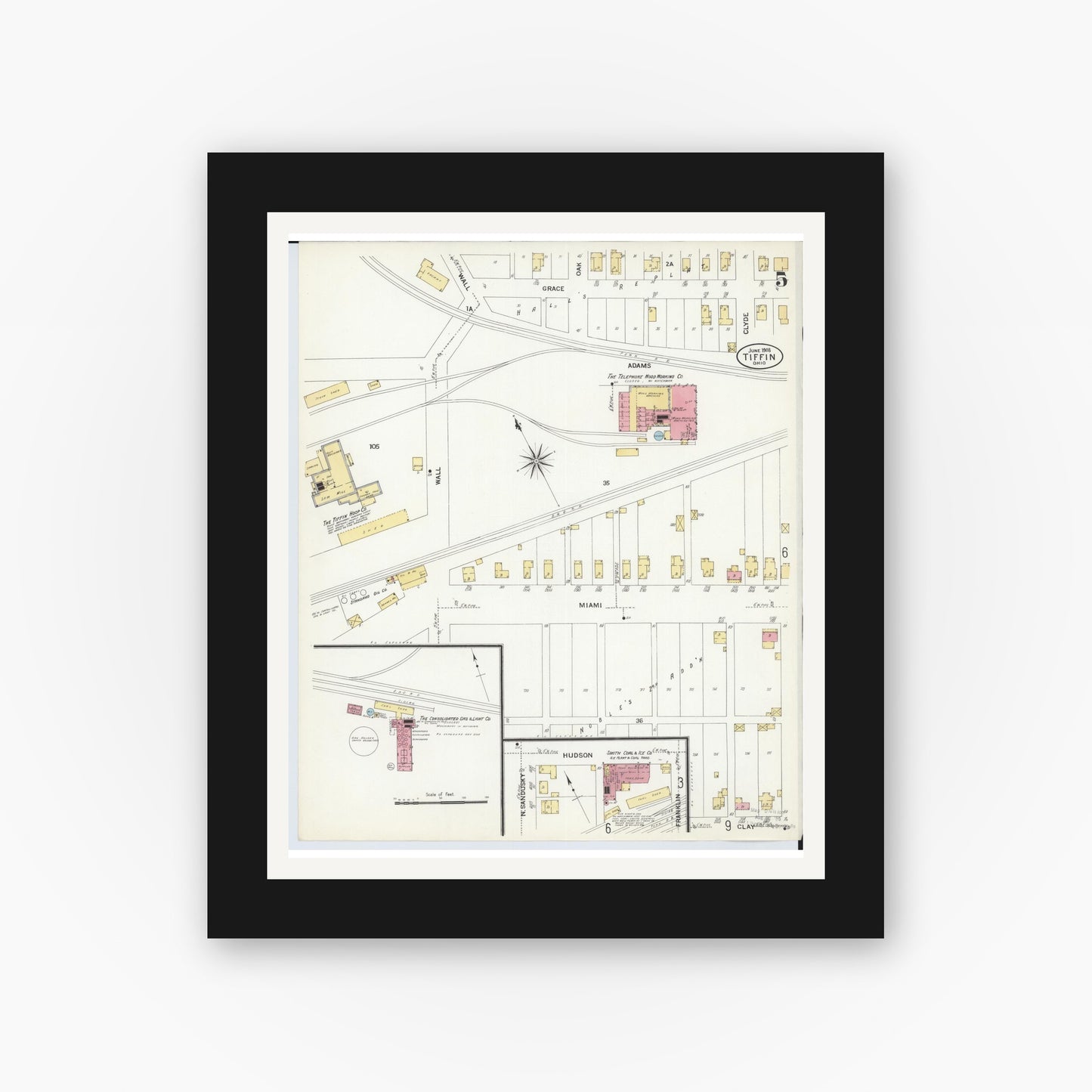 Old map wall art mockup — black gallery frame with white mat — Sanborn Fire Insurance Map from Tiffin, Seneca County, Ohio (1908), Sheet #0005