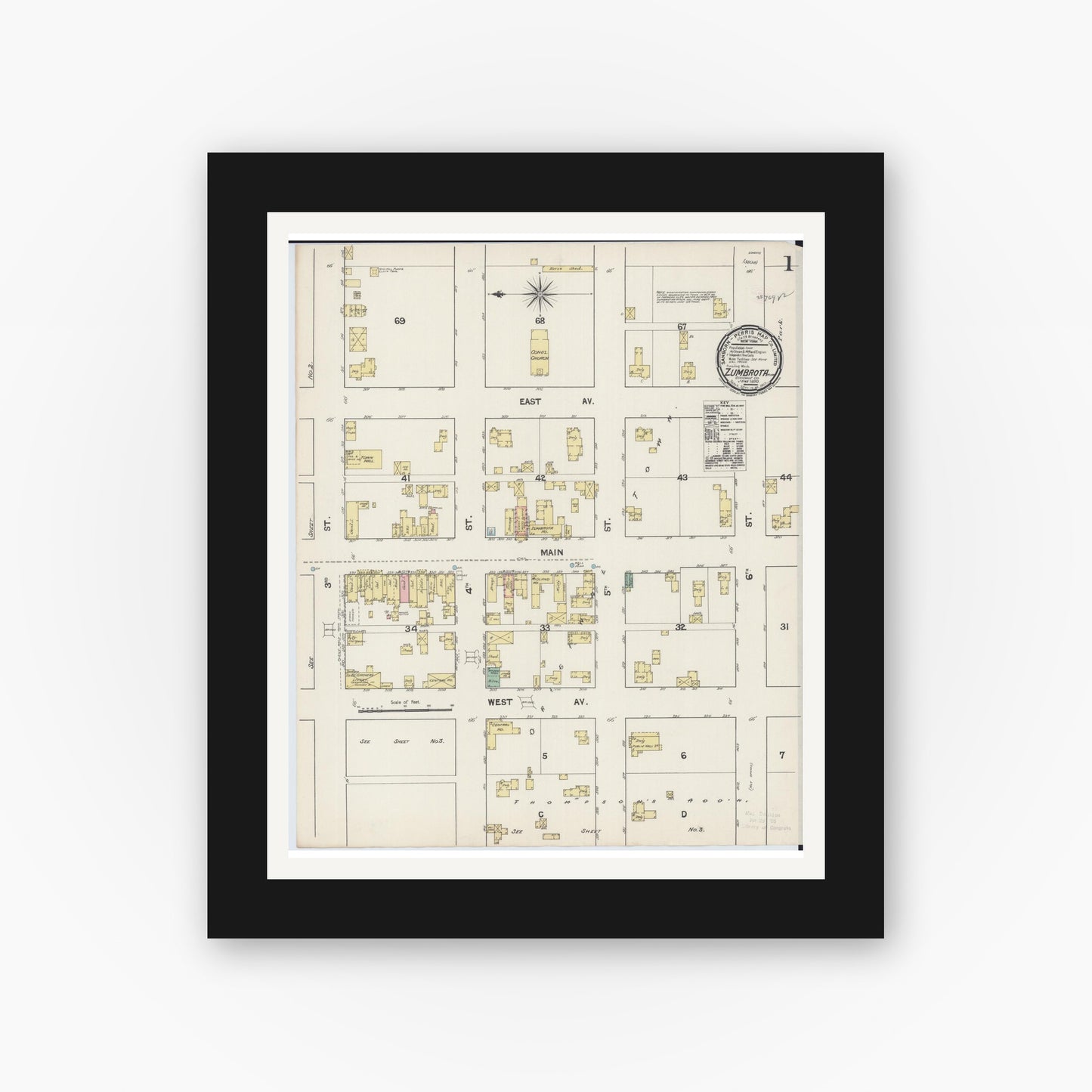 Old map wall art mockup — black gallery frame with white mat — Sanborn Fire Insurance Map from Zumbrota, Goodhue County, Minnesota (1890) - Complete Map Set