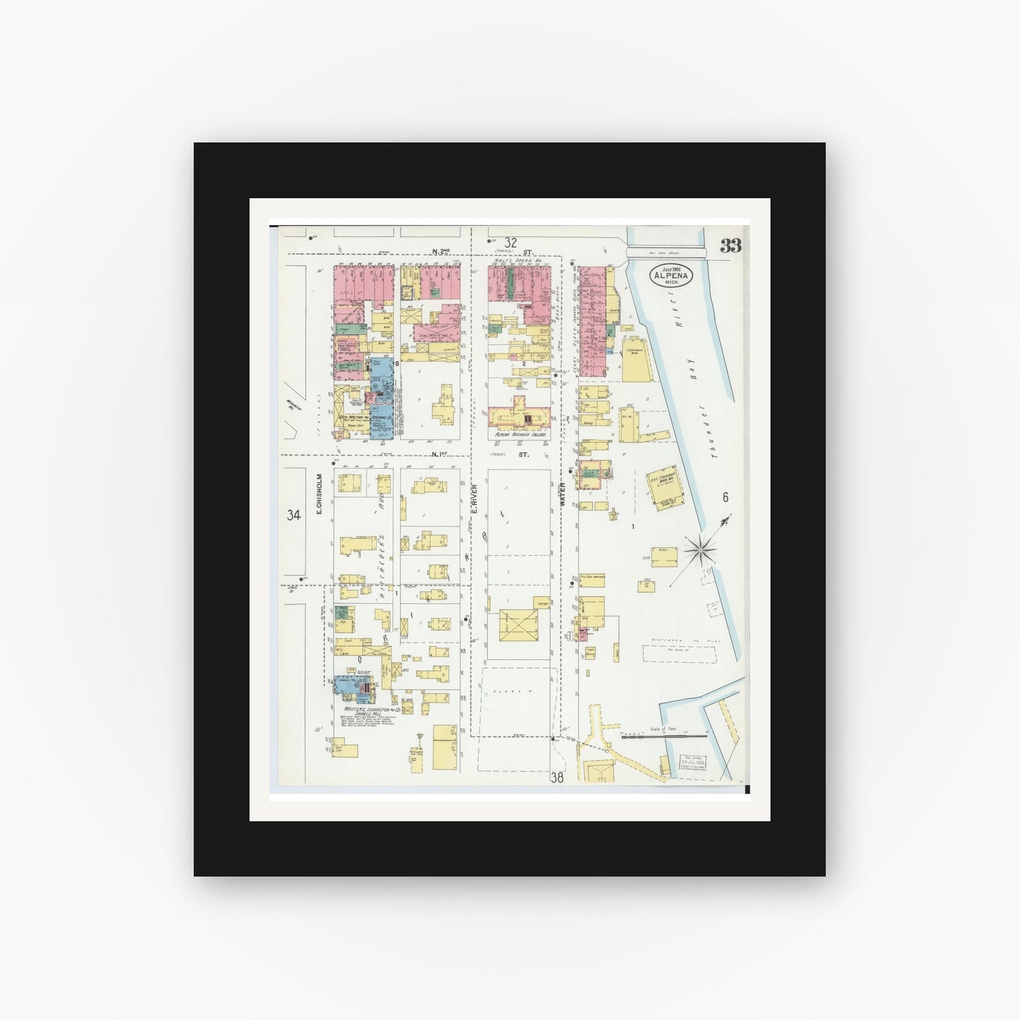 Old map wall art mockup — black gallery frame with white mat — Sanborn Fire Insurance Map from Alpena, Alpena County, Michigan (1901), Sheet #0033