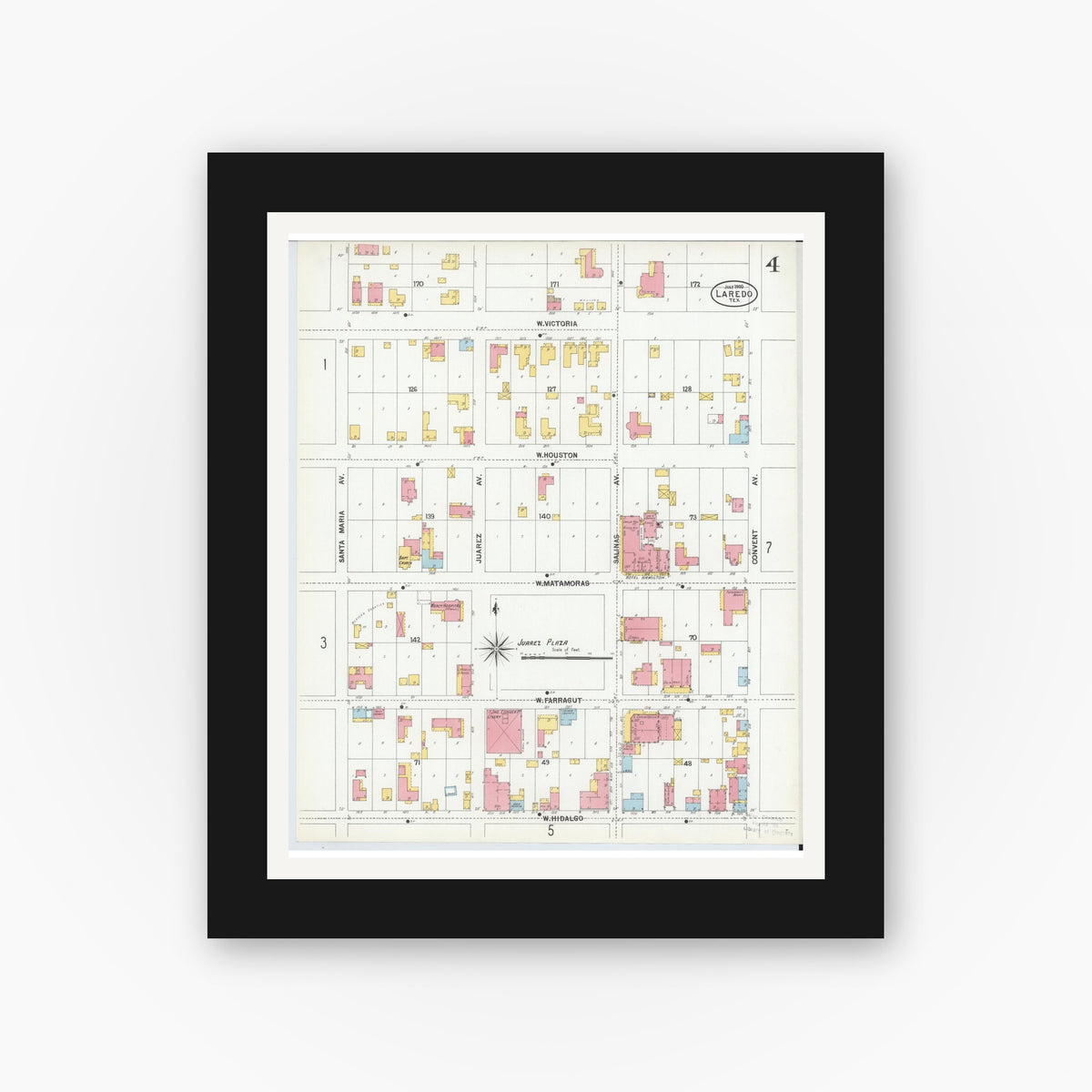 Old map wall art mockup — black gallery frame with white mat — Sanborn Fire Insurance Map from Laredo, Webb County, Texas (1900), Sheet #0004