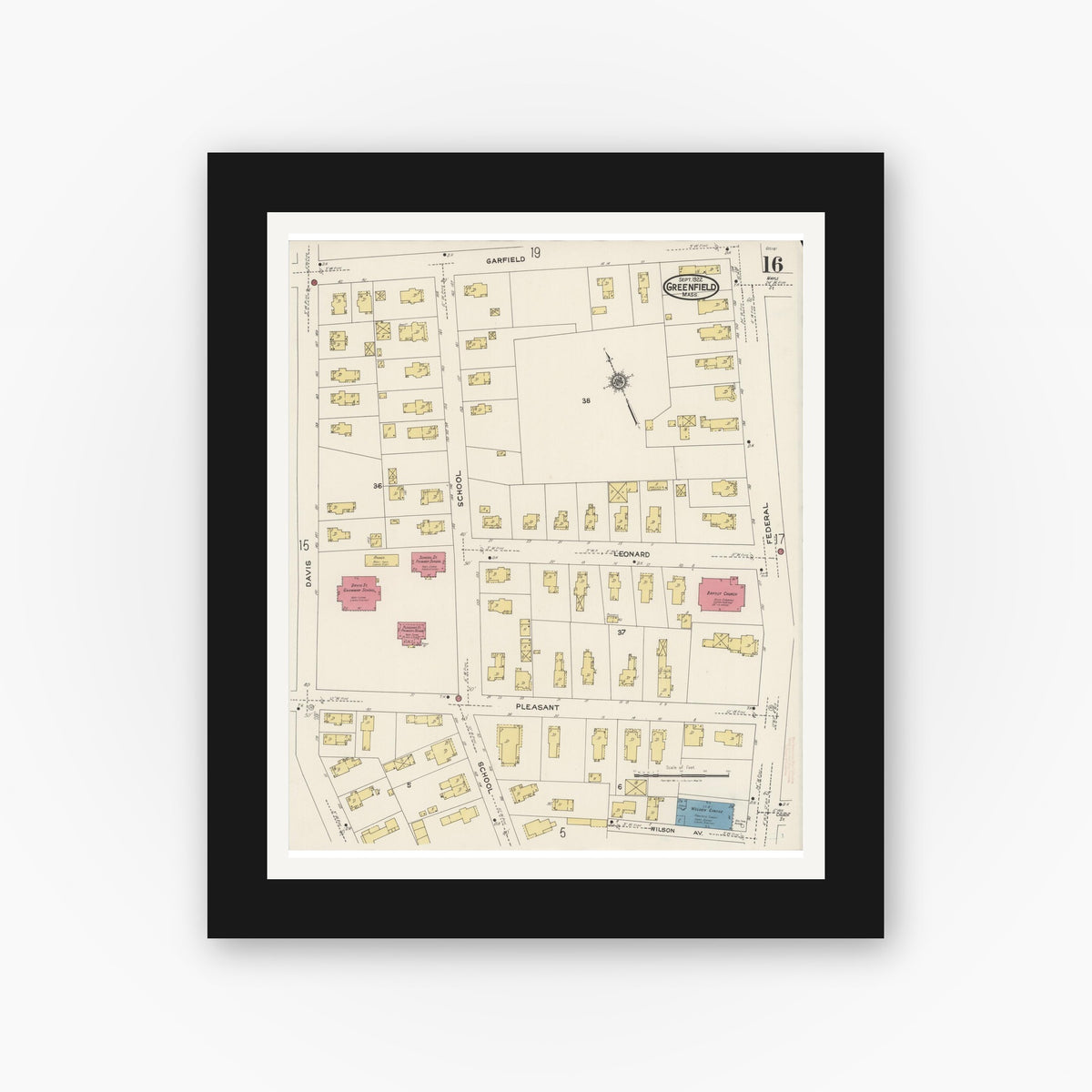 Old map wall art mockup — black gallery frame with white mat — Sanborn Fire Insurance Map from Greenfield, Franklin County, Massachusetts (1922), Sheet #0016