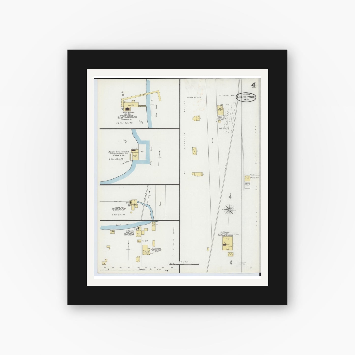 Old map wall art mockup — black gallery frame with white mat — Sanborn Fire Insurance Map from Charlevoix, Charlevoix County, Michigan (1896), Sheet #0004