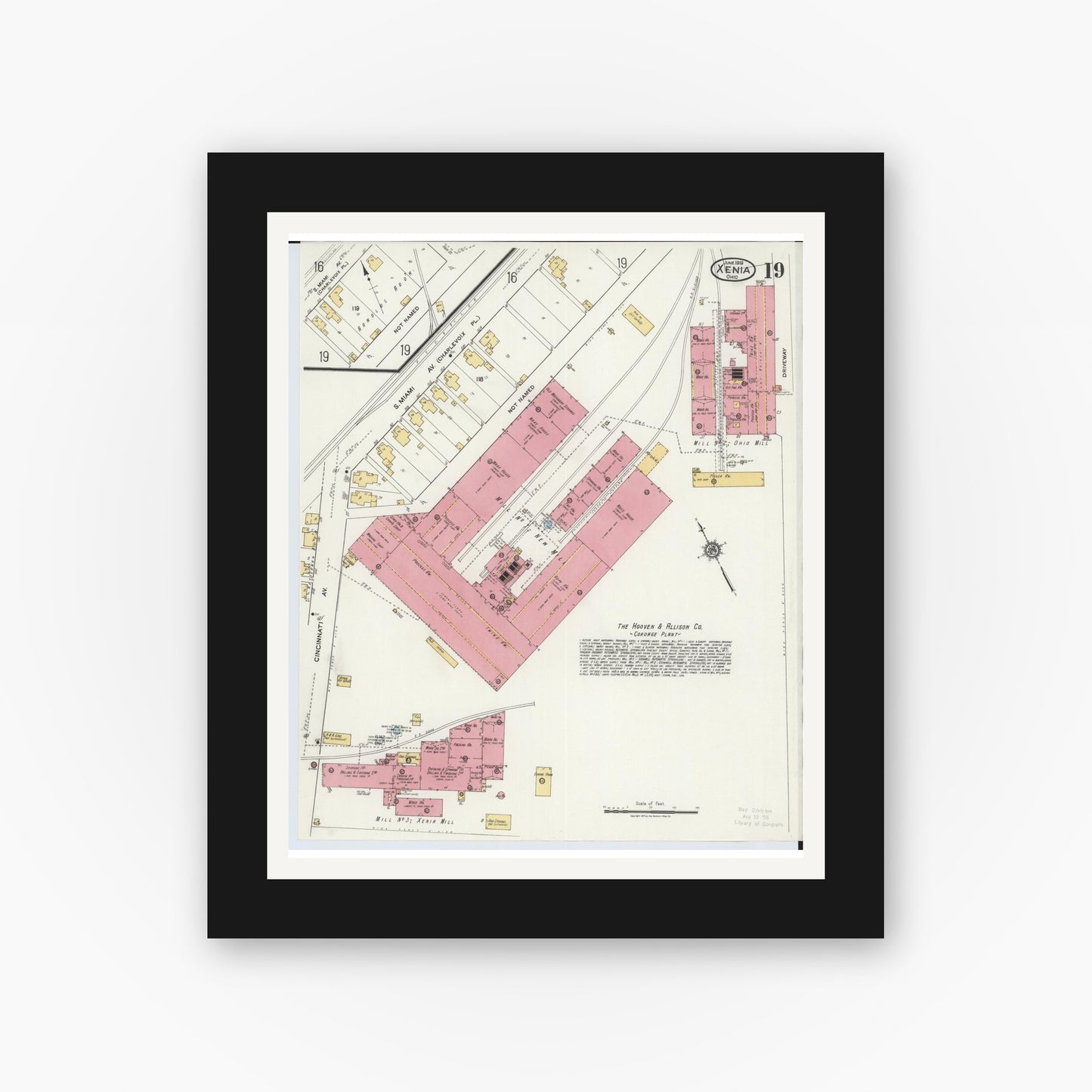 Old map wall art mockup — black gallery frame with white mat — Sanborn Fire Insurance Map from Xenia, Greene County, Ohio (1919), Sheet #0019