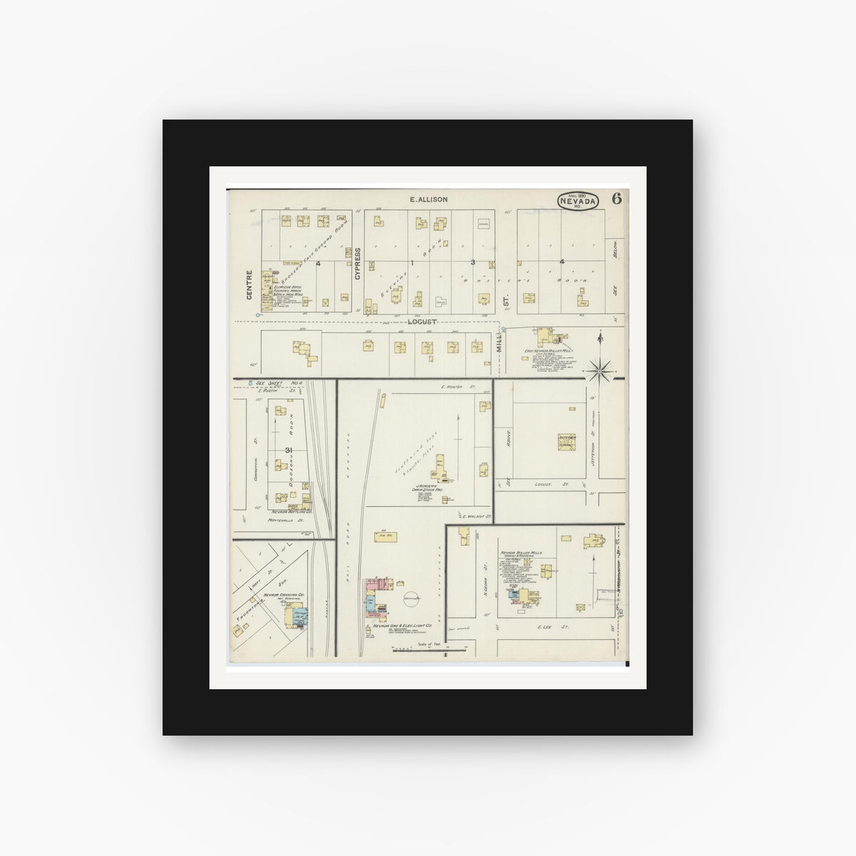 Old map wall art mockup — black gallery frame with white mat — Sanborn Fire Insurance Map from Nevada, Vernon County, Missouri (1890), Sheet #0006