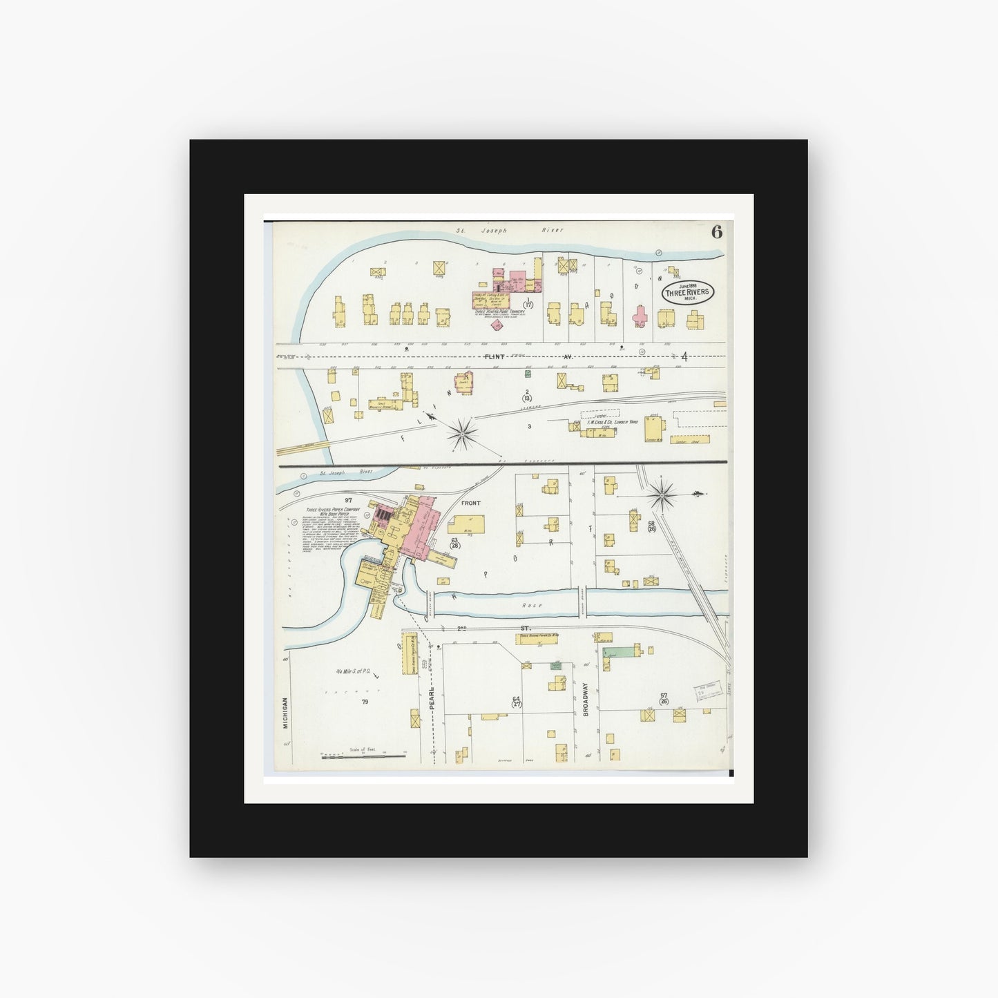 Old map wall art mockup — black gallery frame with white mat — Sanborn Fire Insurance Map from Three Rivers, Saint Joseph County, Michigan (1899), Sheet #0006