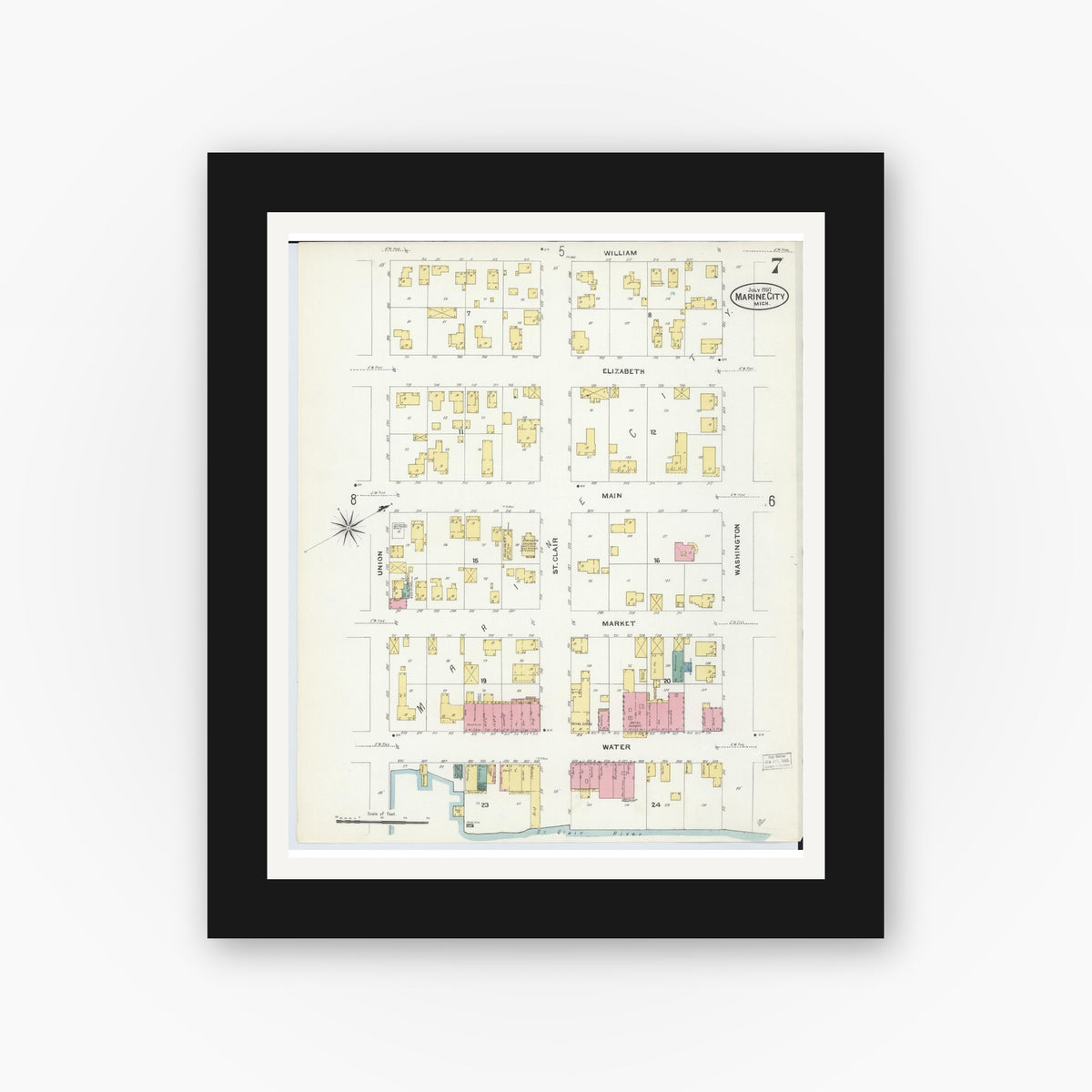 Old map wall art mockup — black gallery frame with white mat — Sanborn Fire Insurance Map from Marine City, Saint Clair County, Michigan (1907), Sheet #0007