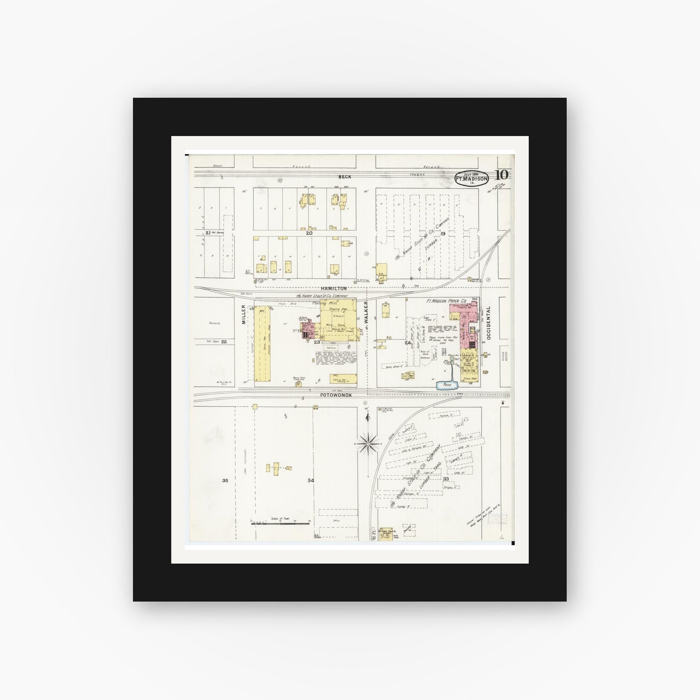 Old map wall art mockup — black gallery frame with white mat — Sanborn Fire Insurance Map from Fort Madison, Lee County, Iowa (1894), Sheet #0010