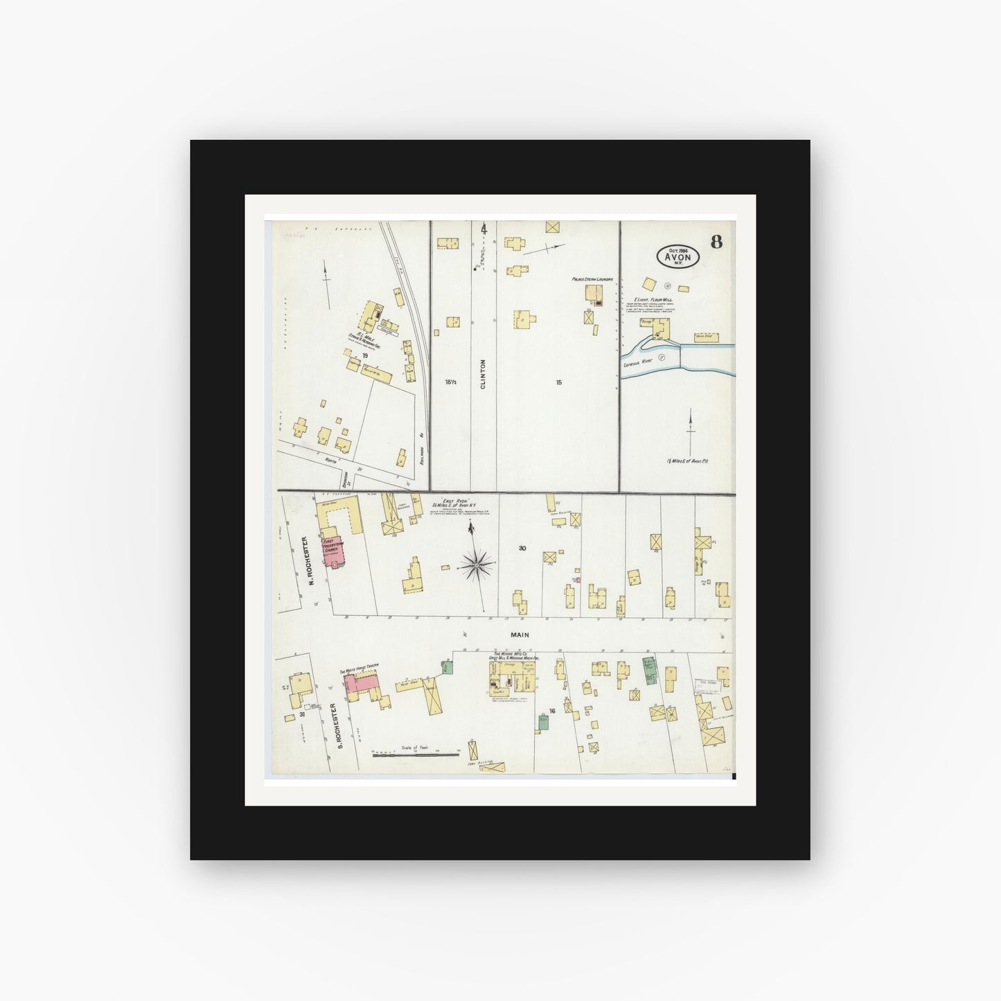 Old map wall art mockup — black gallery frame with white mat — Sanborn Fire Insurance Map from Avon, Livingston County, New York (1904), Sheet #0008