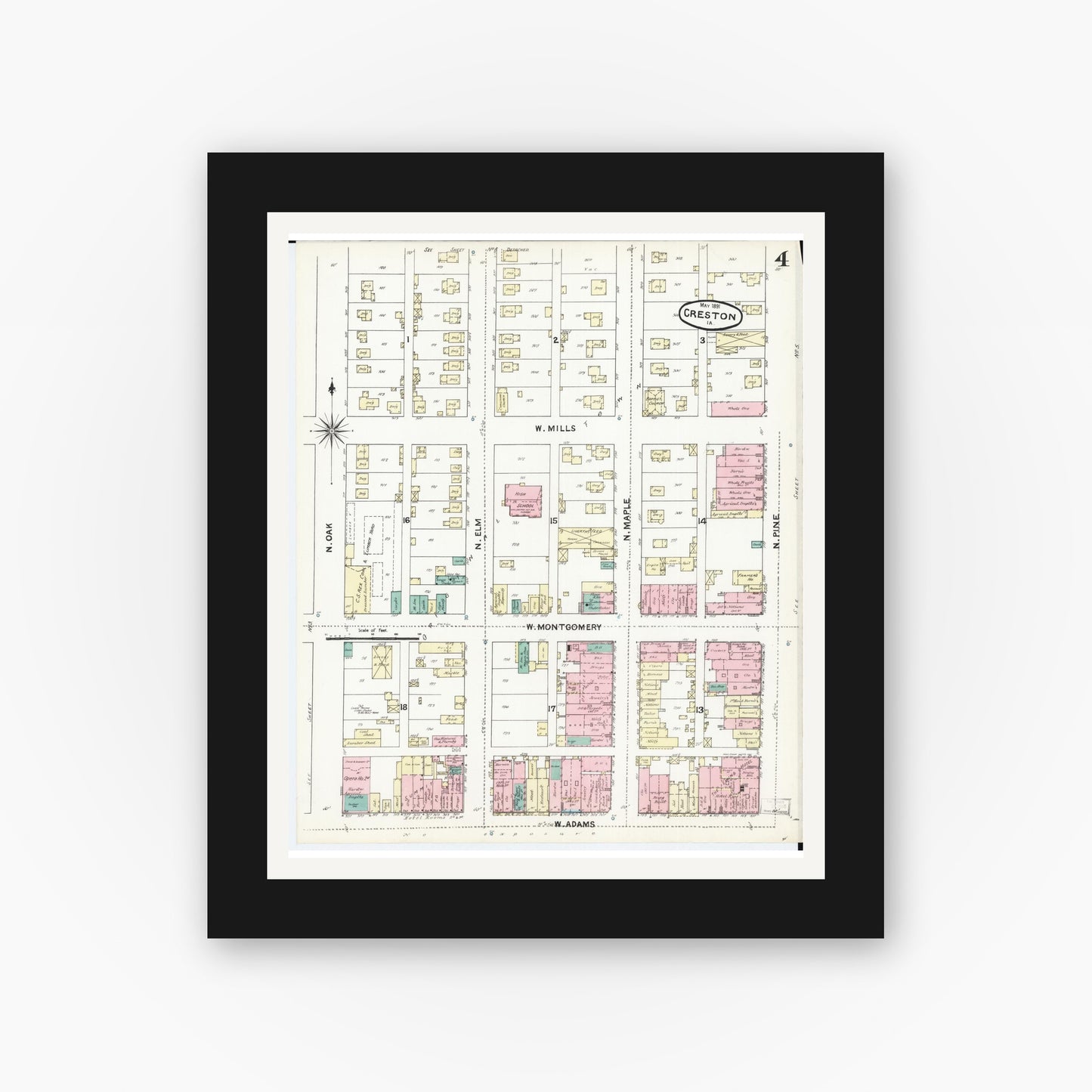 Old map wall art mockup — black gallery frame with white mat — Sanborn Fire Insurance Map from Creston, Union County, Iowa (1891), Sheet #0004
