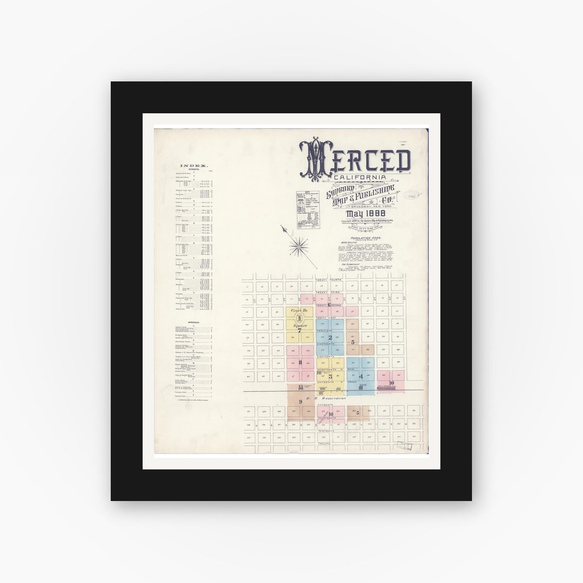 Old map wall art mockup — black gallery frame with white mat — Sanborn Fire Insurance Map from Merced, Merced County, California (1888) - Complete Map Set