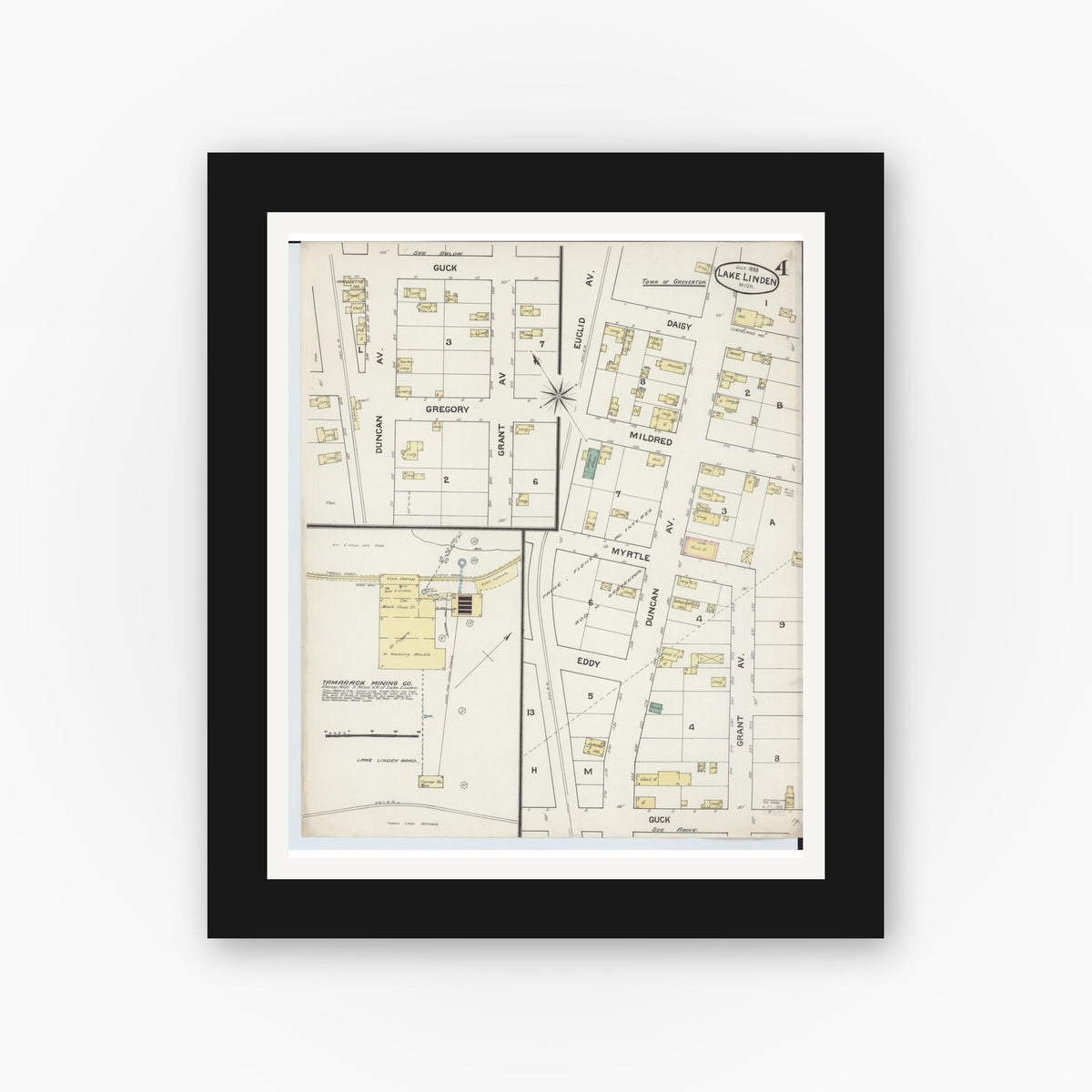 Old map wall art mockup — black gallery frame with white mat — Sanborn Fire Insurance Map from Lake Linden, Houghton County, Michigan (1888), Sheet #0004